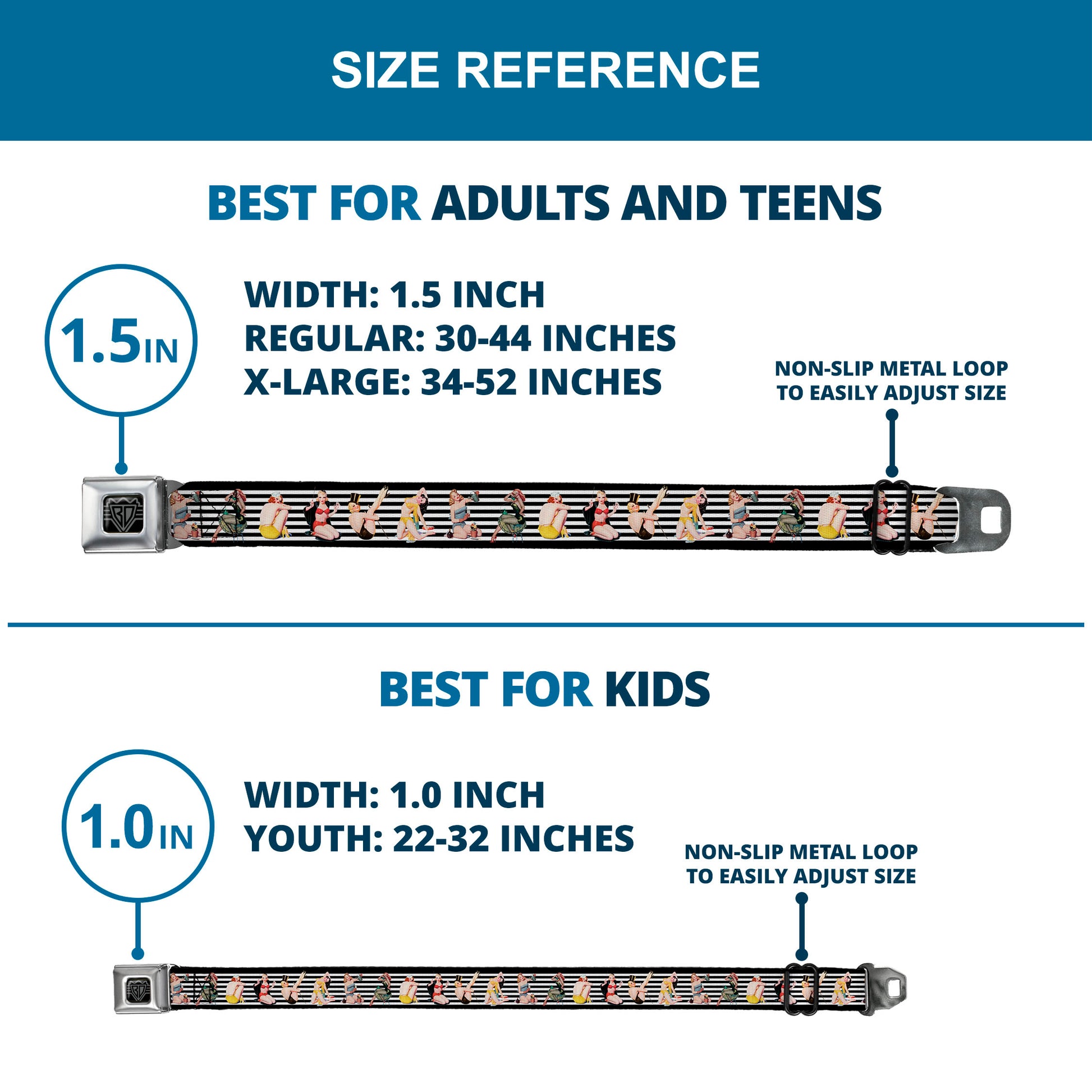 BD Wings Logo CLOSE-UP Full Color Black Silver Seatbelt Belt - Pin Up Girl Poses Stripe Black/White Webbing Seatbelt Belts Buckle-Down