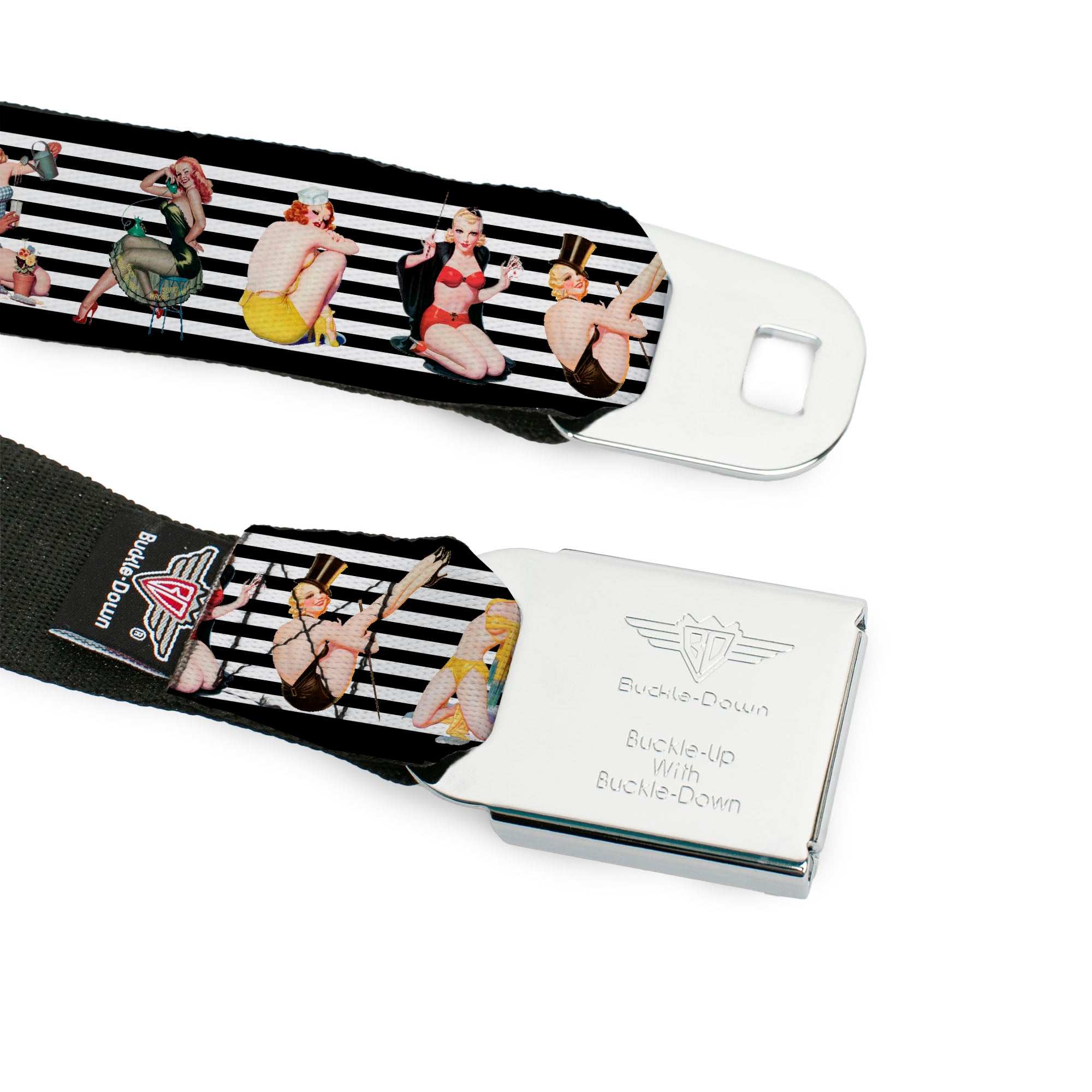 BD Wings Logo CLOSE-UP Full Color Black Silver Seatbelt Belt - Pin Up Girl Poses Stripe Black/White Webbing Seatbelt Belts Buckle-Down