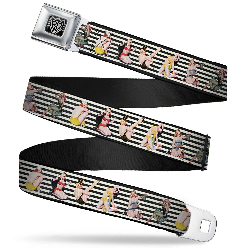 BD Wings Logo CLOSE-UP Full Color Black Silver Seatbelt Belt - Pin Up Girl Poses Stripe Black/White Webbing Seatbelt Belts Buckle-Down