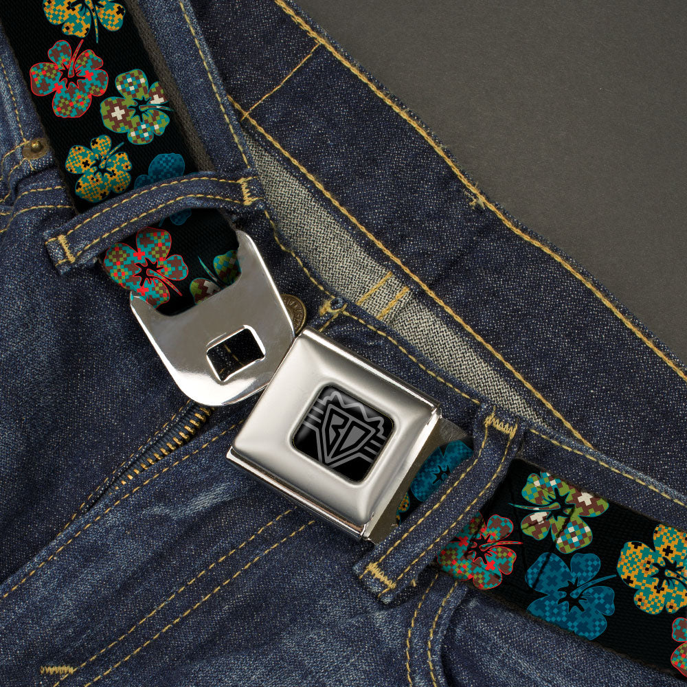 BD Wings Logo CLOSE-UP Black/Silver Seatbelt Belt - Pixilated Hibiscus Flowers Black/Multi Color Webbing Seatbelt Belts Buckle-Down