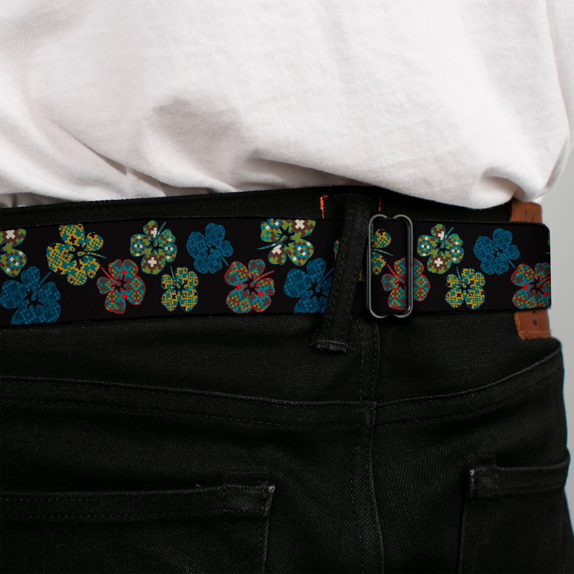 BD Wings Logo CLOSE-UP Black/Silver Seatbelt Belt - Pixilated Hibiscus Flowers Black/Multi Color Webbing Seatbelt Belts Buckle-Down