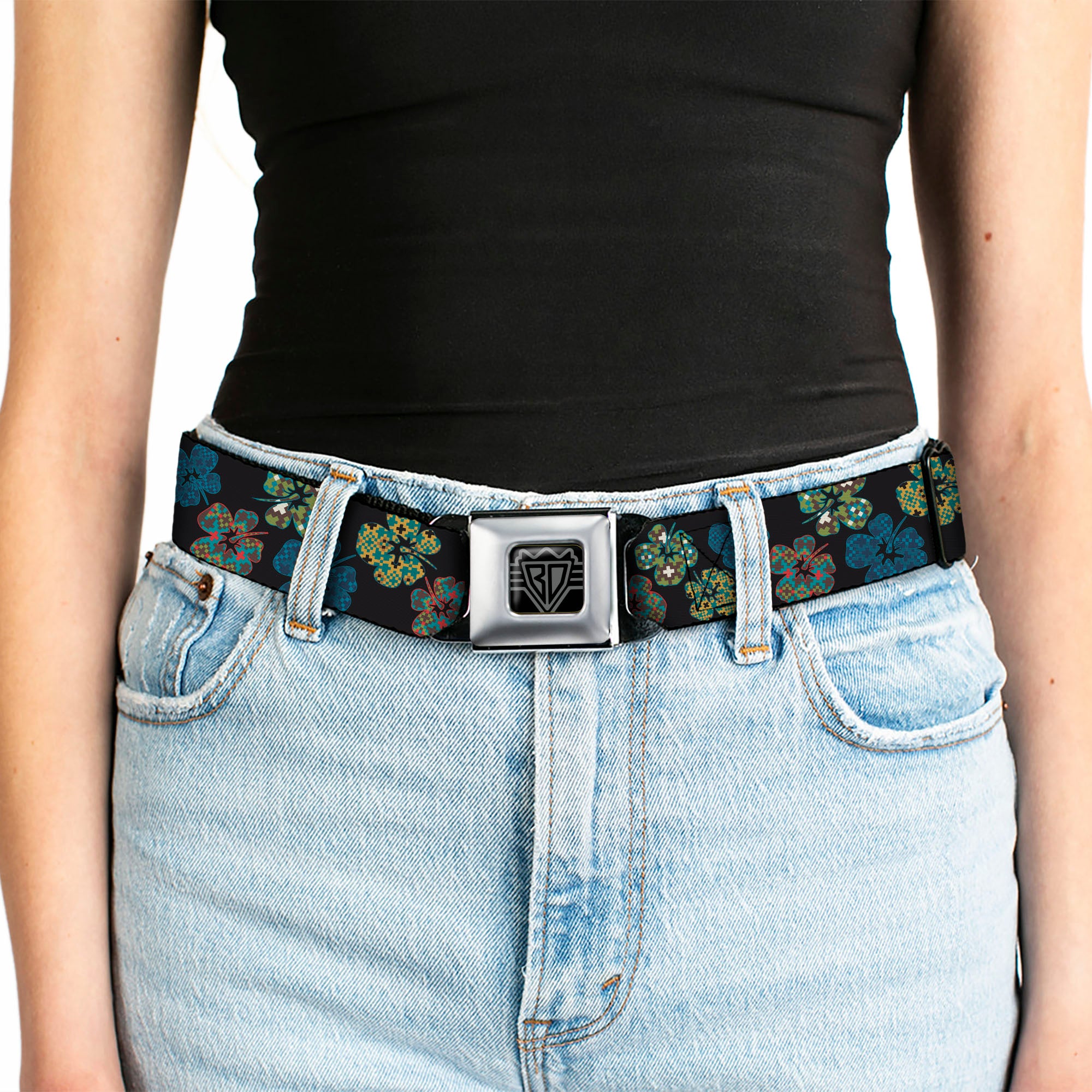 BD Wings Logo CLOSE-UP Black/Silver Seatbelt Belt - Pixilated Hibiscus Flowers Black/Multi Color Webbing Seatbelt Belts Buckle-Down