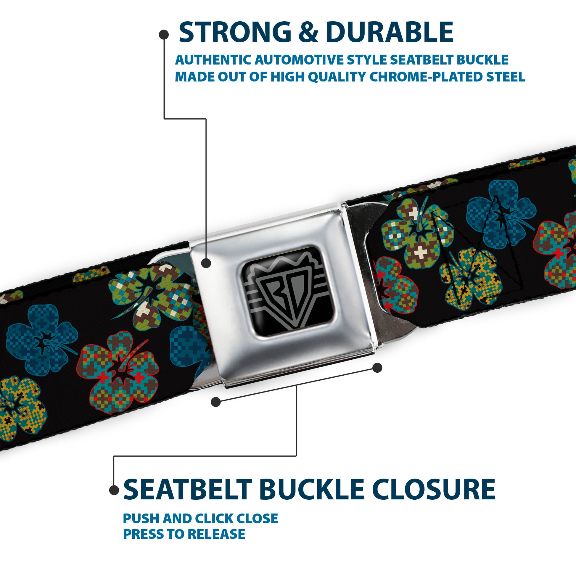 BD Wings Logo CLOSE-UP Black/Silver Seatbelt Belt - Pixilated Hibiscus Flowers Black/Multi Color Webbing Seatbelt Belts Buckle-Down