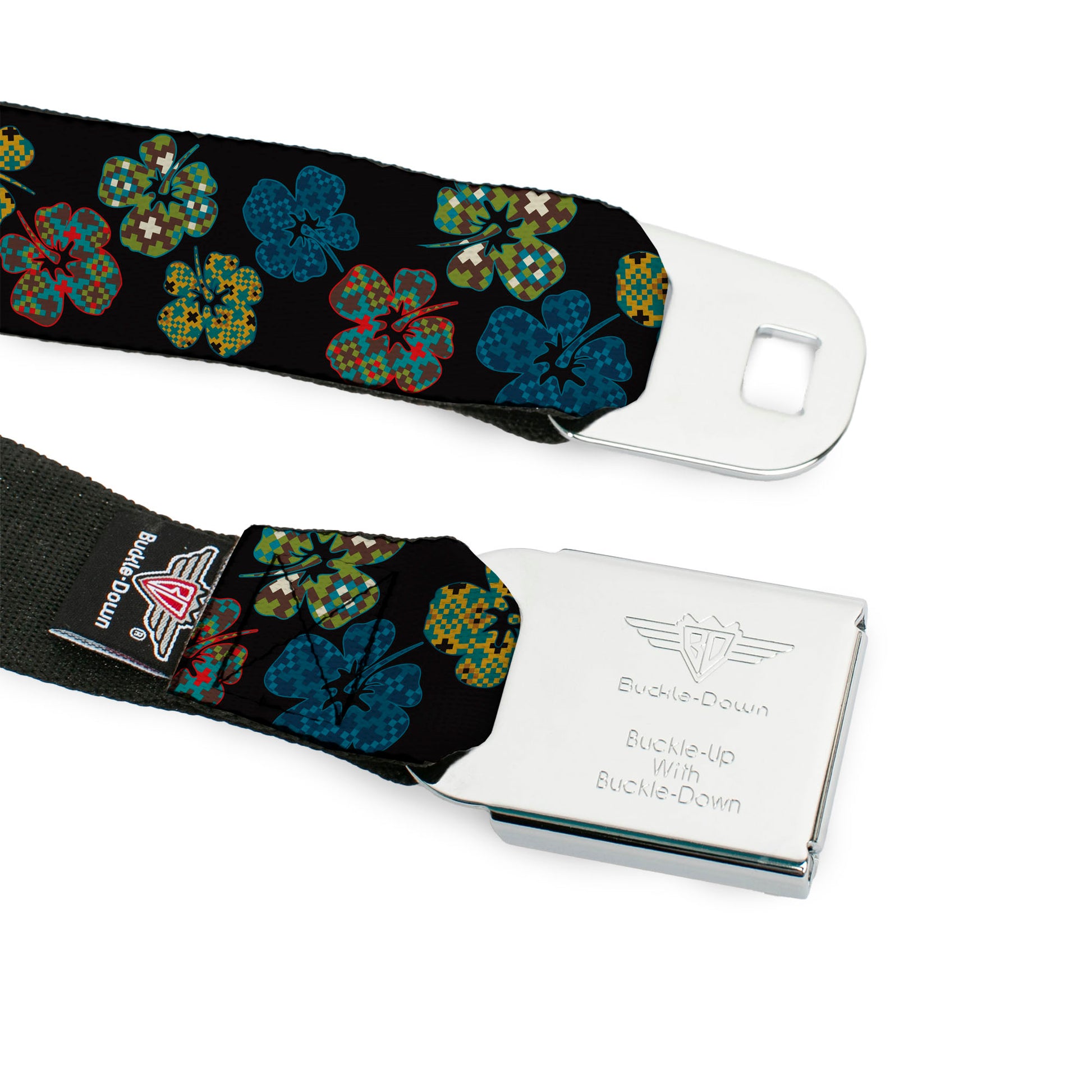 BD Wings Logo CLOSE-UP Black/Silver Seatbelt Belt - Pixilated Hibiscus Flowers Black/Multi Color Webbing Seatbelt Belts Buckle-Down