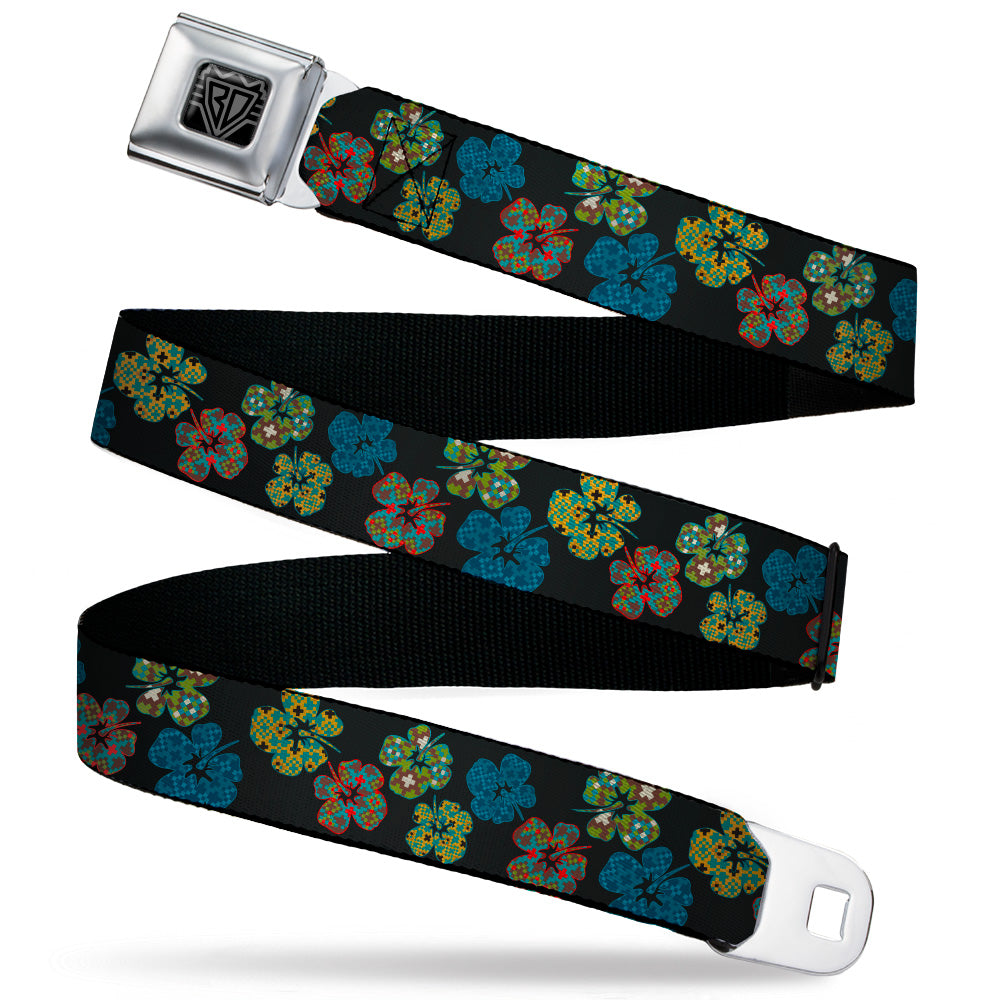 BD Wings Logo CLOSE-UP Black/Silver Seatbelt Belt - Pixilated Hibiscus Flowers Black/Multi Color Webbing Seatbelt Belts Buckle-Down
