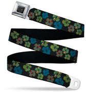 BD Wings Logo CLOSE-UP Black/Silver Seatbelt Belt - Pixilated Hibiscus Flowers Black/Multi Color Webbing Seatbelt Belts Buckle-Down
