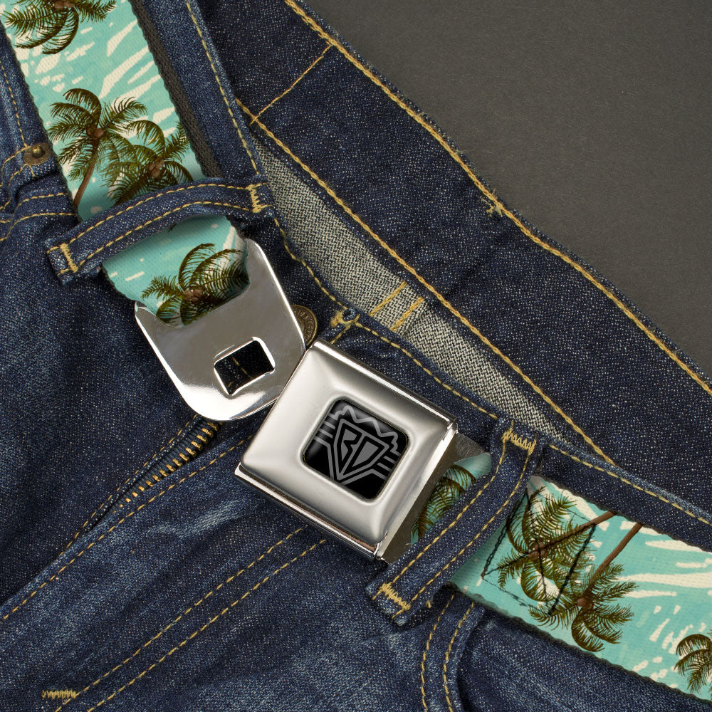 BD Wings Logo CLOSE-UP Black/Silver Seatbelt Belt - Palm Trees Swaying Tan/Teal Webbing Seatbelt Belts Buckle-Down