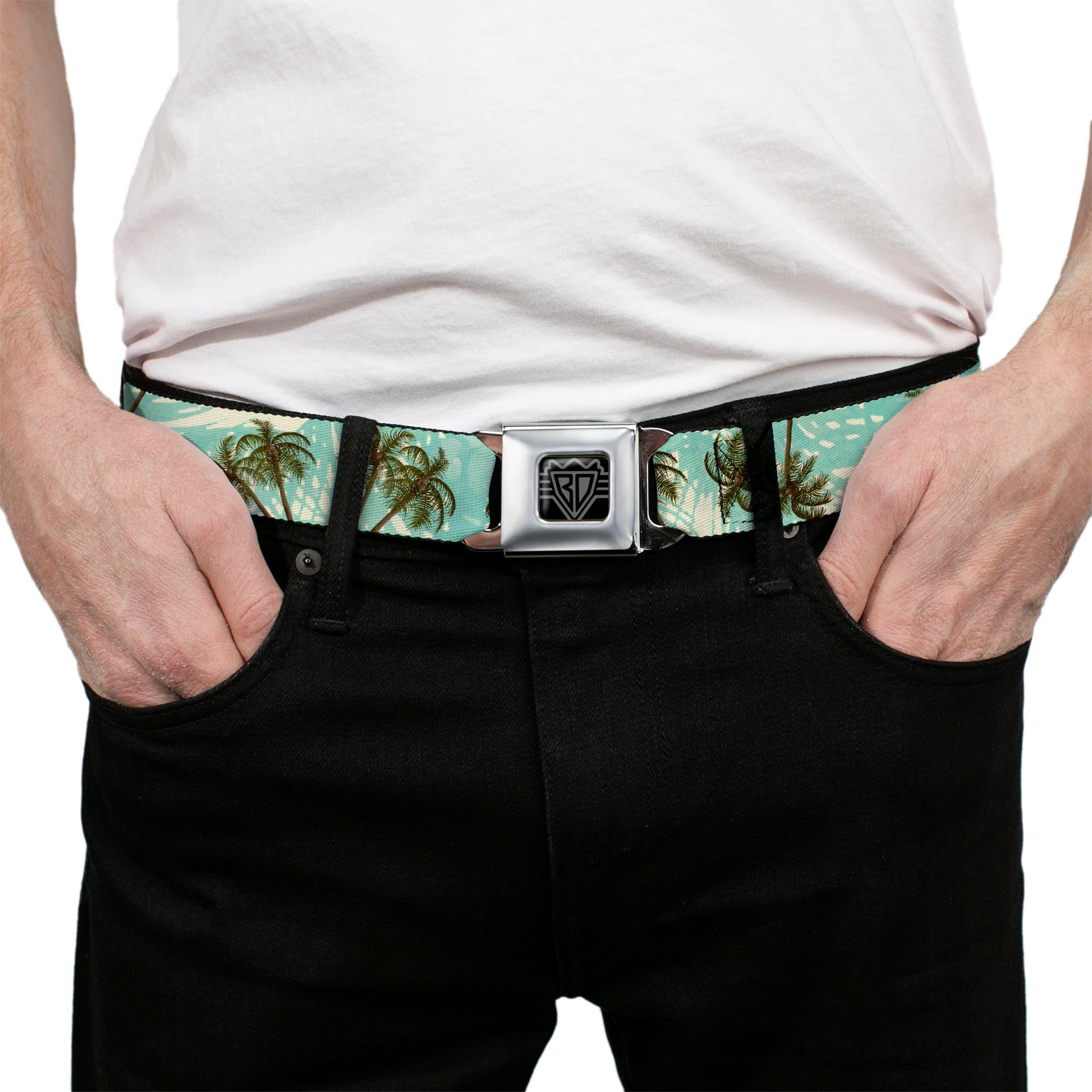 BD Wings Logo CLOSE-UP Black/Silver Seatbelt Belt - Palm Trees Swaying Tan/Teal Webbing Seatbelt Belts Buckle-Down