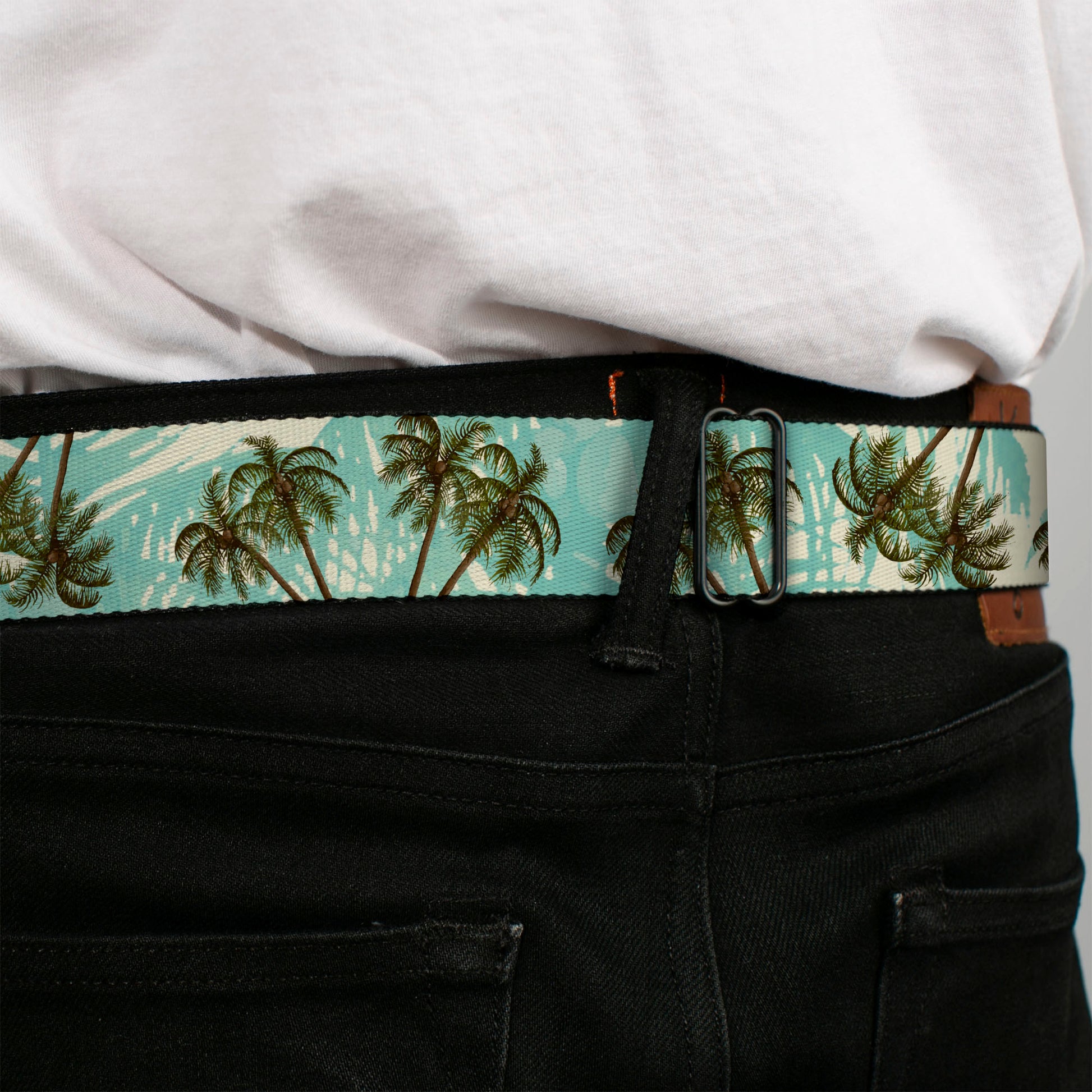 BD Wings Logo CLOSE-UP Black/Silver Seatbelt Belt - Palm Trees Swaying Tan/Teal Webbing Seatbelt Belts Buckle-Down