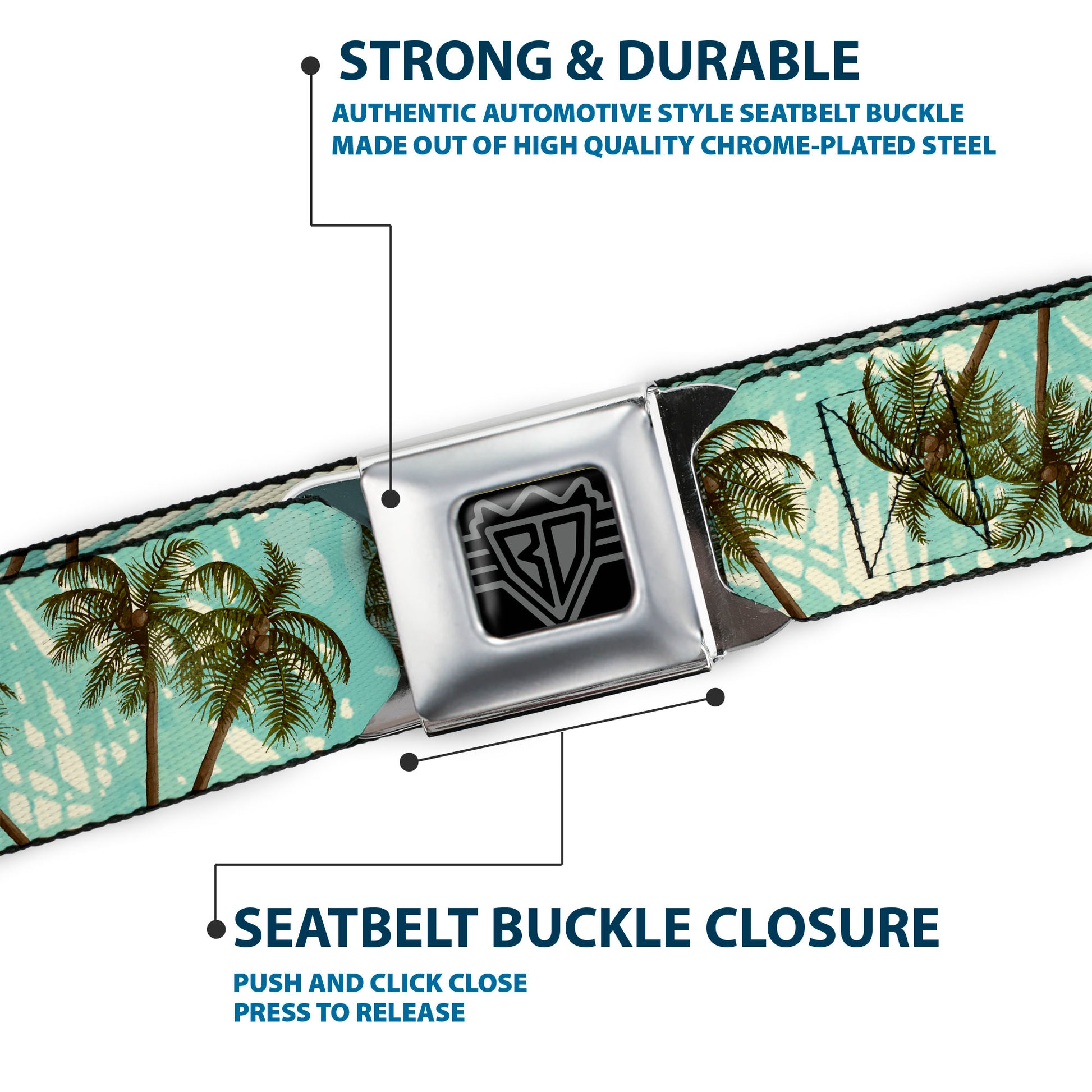 BD Wings Logo CLOSE-UP Black/Silver Seatbelt Belt - Palm Trees Swaying Tan/Teal Webbing Seatbelt Belts Buckle-Down