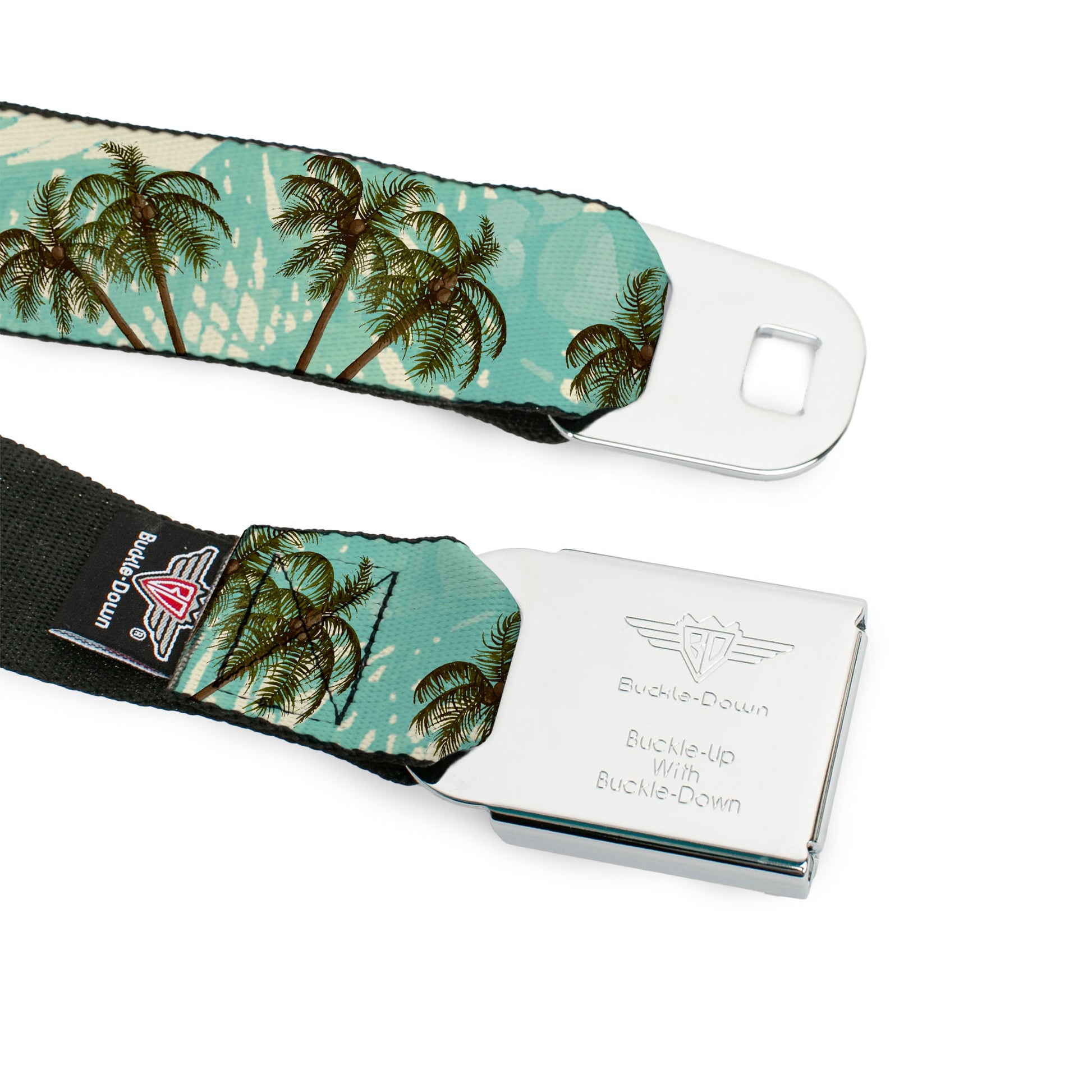 BD Wings Logo CLOSE-UP Black/Silver Seatbelt Belt - Palm Trees Swaying Tan/Teal Webbing Seatbelt Belts Buckle-Down