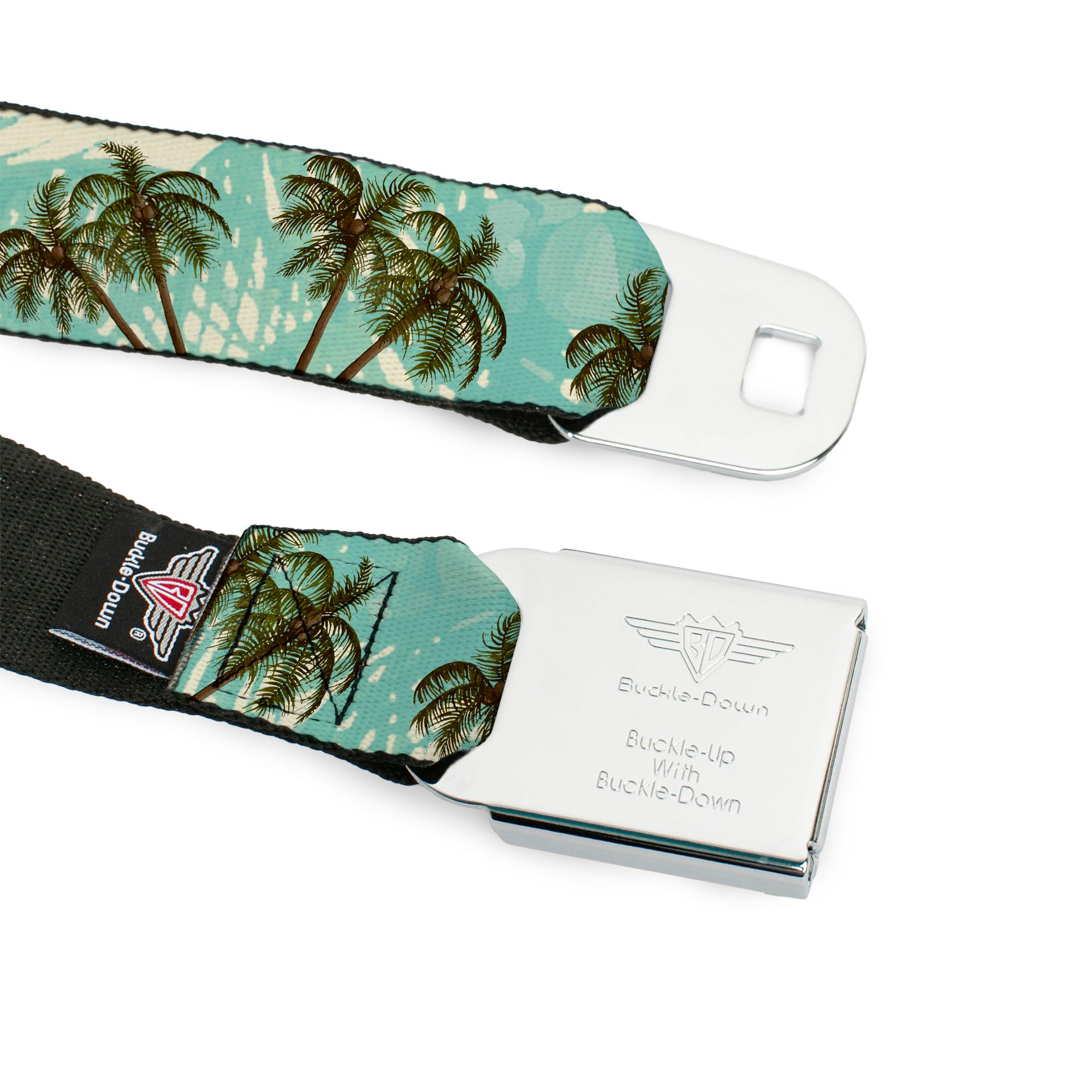 BD Wings Logo CLOSE-UP Black/Silver Seatbelt Belt - Palm Trees Swaying Tan/Teal Webbing Seatbelt Belts Buckle-Down