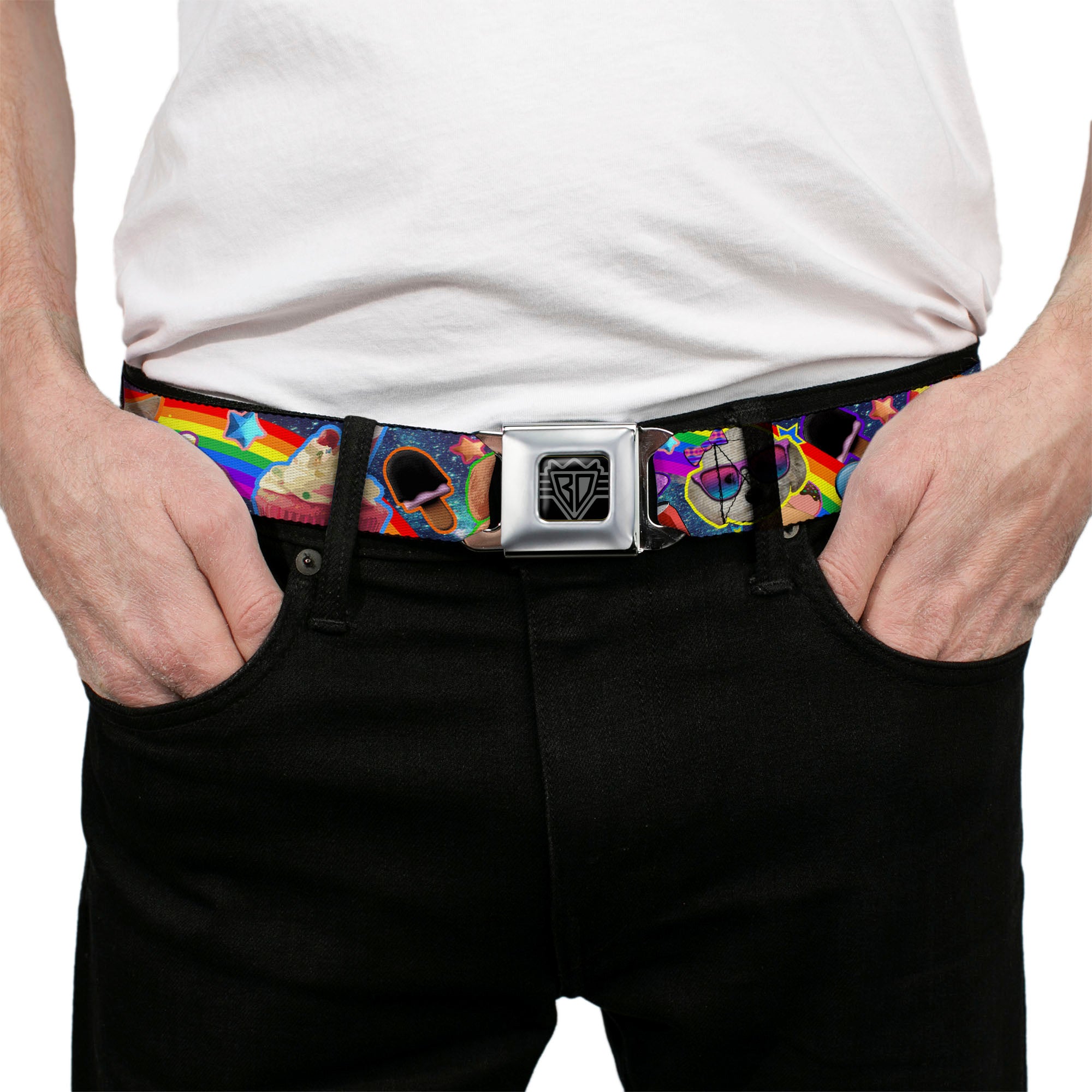 BD Wings Logo CLOSE-UP Full Color Black Silver Seatbelt Belt - Pets & Snacks Rainbow Collage Webbing Seatbelt Belts Buckle-Down