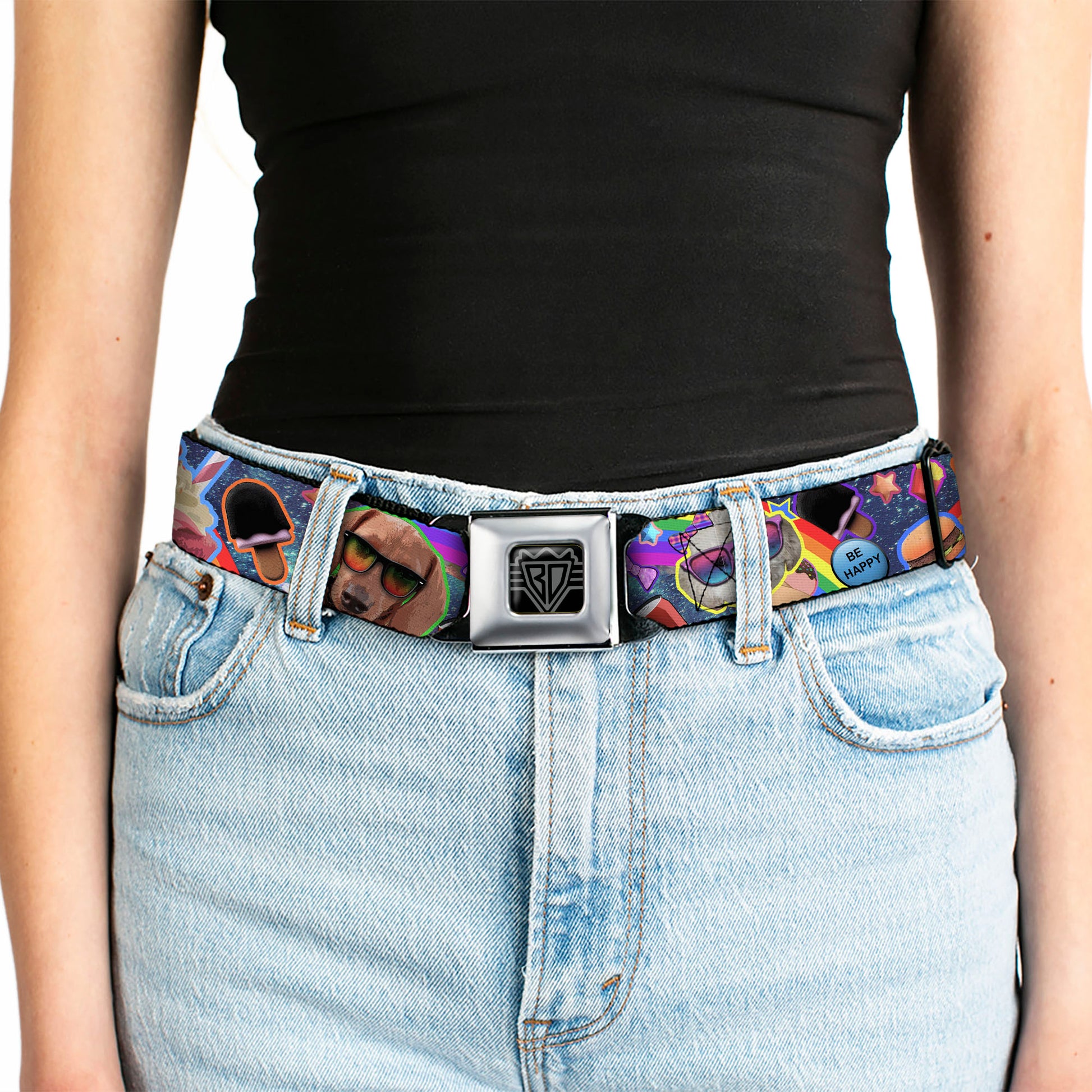BD Wings Logo CLOSE-UP Full Color Black Silver Seatbelt Belt - Pets & Snacks Rainbow Collage Webbing Seatbelt Belts Buckle-Down