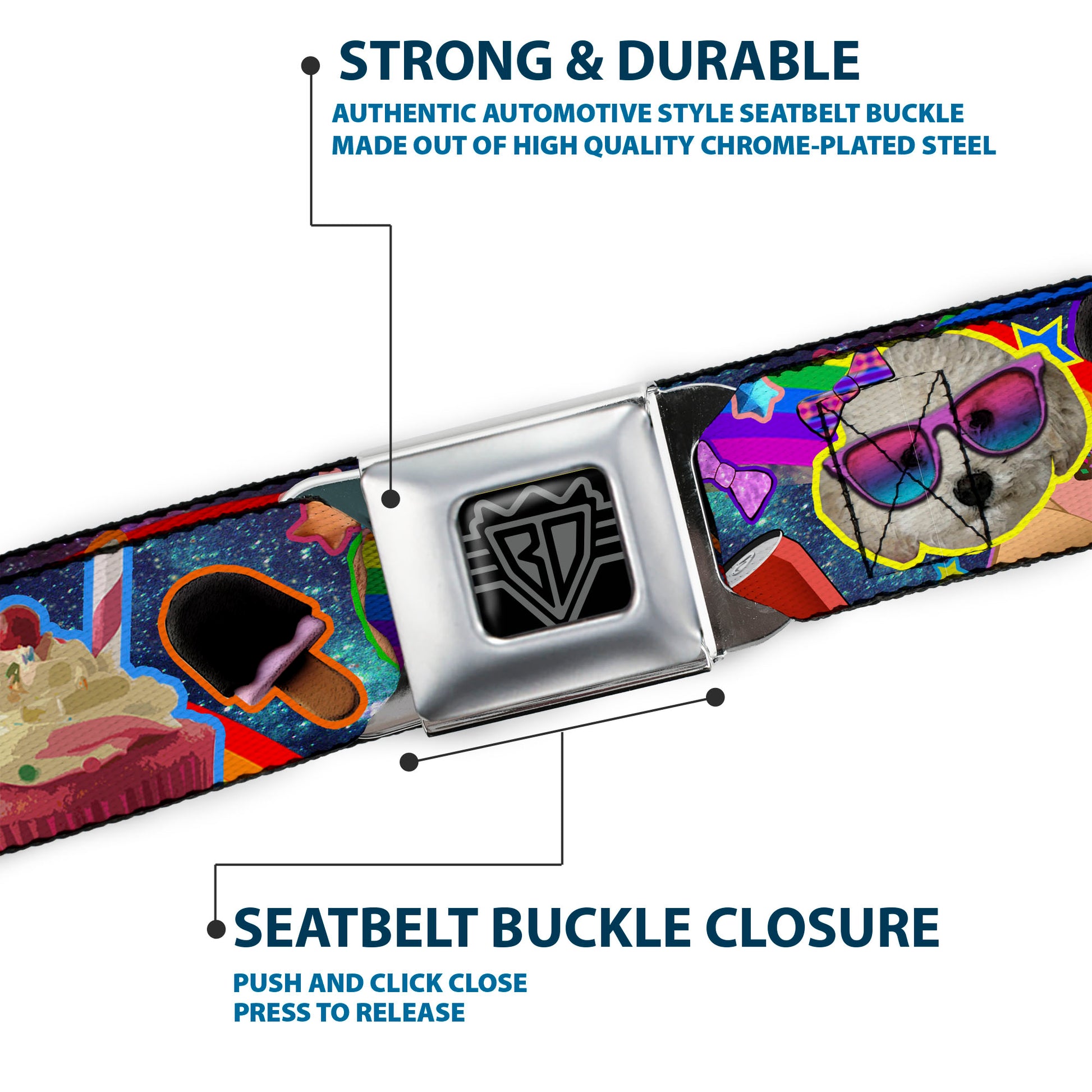 BD Wings Logo CLOSE-UP Full Color Black Silver Seatbelt Belt - Pets & Snacks Rainbow Collage Webbing Seatbelt Belts Buckle-Down