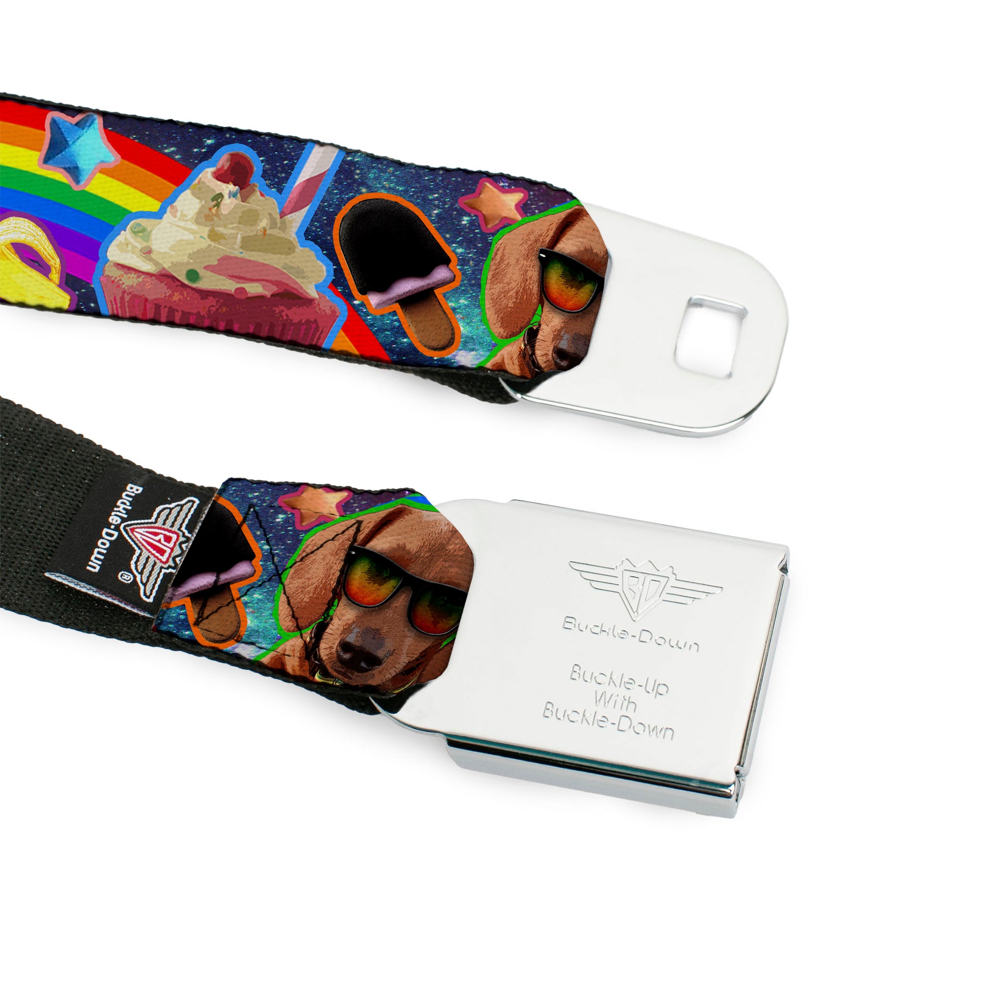 BD Wings Logo CLOSE-UP Full Color Black Silver Seatbelt Belt - Pets & Snacks Rainbow Collage Webbing Seatbelt Belts Buckle-Down