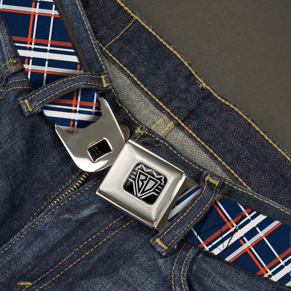 BD Wings Logo CLOSE-UP Full Color Black Silver Seatbelt Belt - Plaid X2 Navy/White/Orange Webbing Seatbelt Belts Buckle-Down