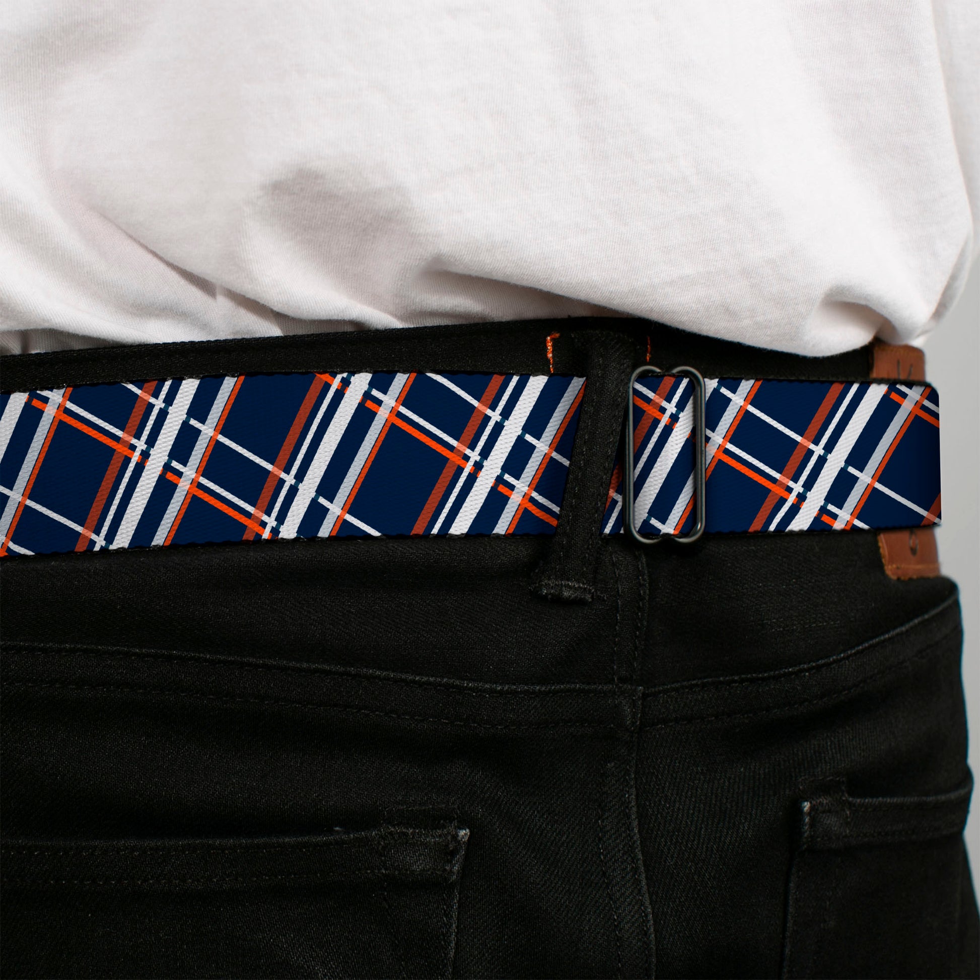 BD Wings Logo CLOSE-UP Full Color Black Silver Seatbelt Belt - Plaid X2 Navy/White/Orange Webbing Seatbelt Belts Buckle-Down