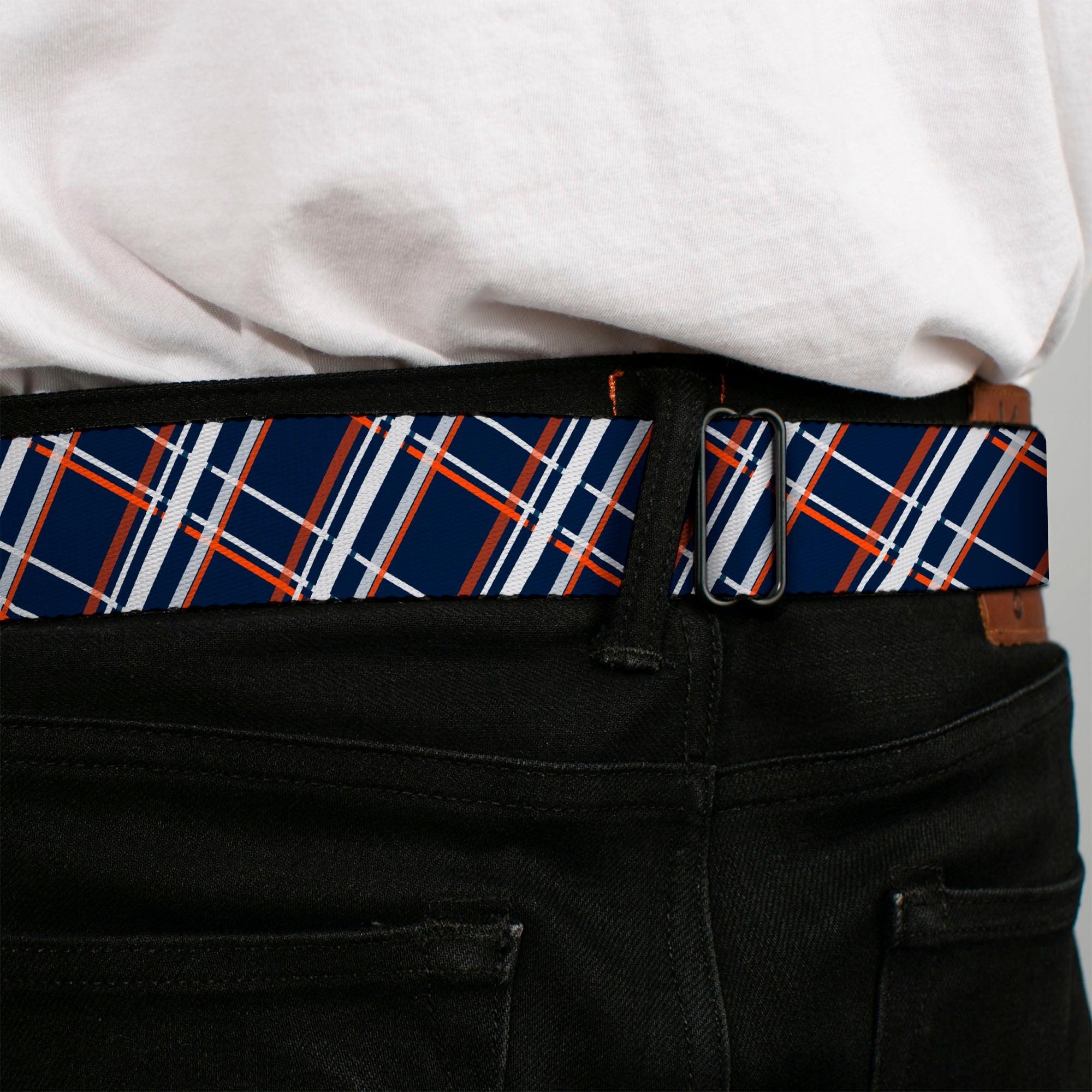 BD Wings Logo CLOSE-UP Full Color Black Silver Seatbelt Belt - Plaid X2 Navy/White/Orange Webbing Seatbelt Belts Buckle-Down
