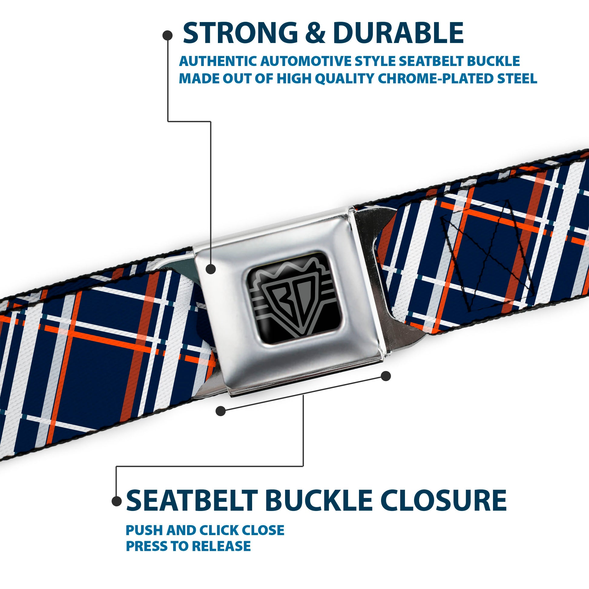 BD Wings Logo CLOSE-UP Full Color Black Silver Seatbelt Belt - Plaid X2 Navy/White/Orange Webbing Seatbelt Belts Buckle-Down