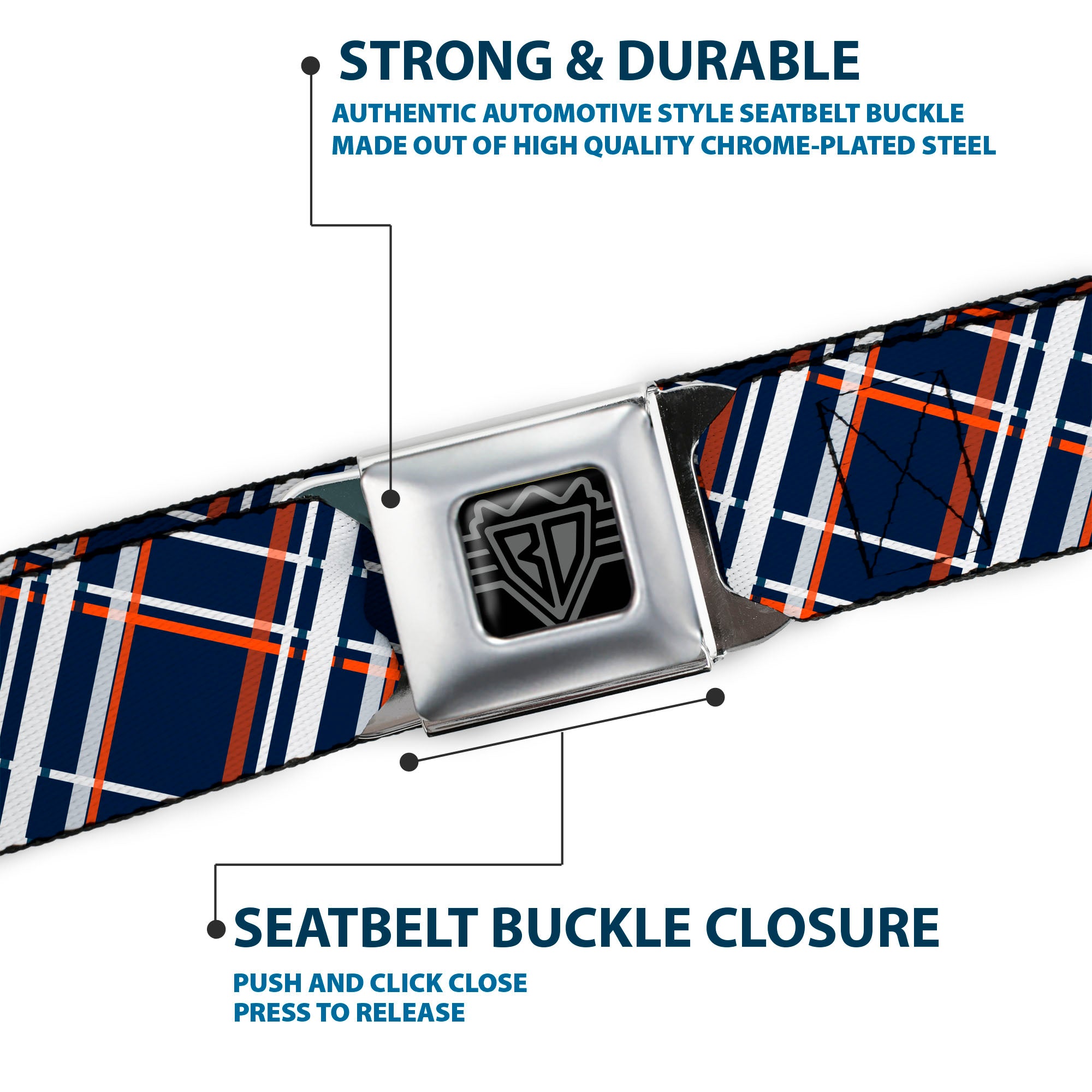 BD Wings Logo CLOSE-UP Full Color Black Silver Seatbelt Belt - Plaid X2 Navy/White/Orange Webbing Seatbelt Belts Buckle-Down