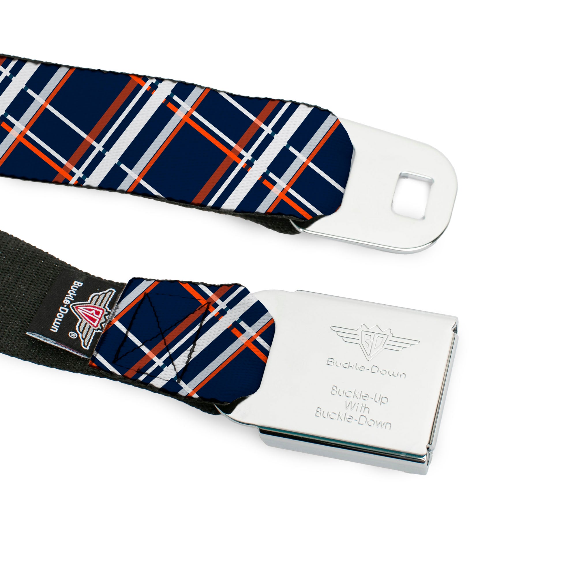 BD Wings Logo CLOSE-UP Full Color Black Silver Seatbelt Belt - Plaid X2 Navy/White/Orange Webbing Seatbelt Belts Buckle-Down