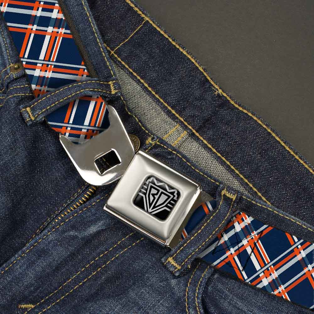 BD Wings Logo CLOSE-UP Full Color Black Silver Seatbelt Belt - Plaid X3 Navy/Orange/White Webbing Seatbelt Belts Buckle-Down