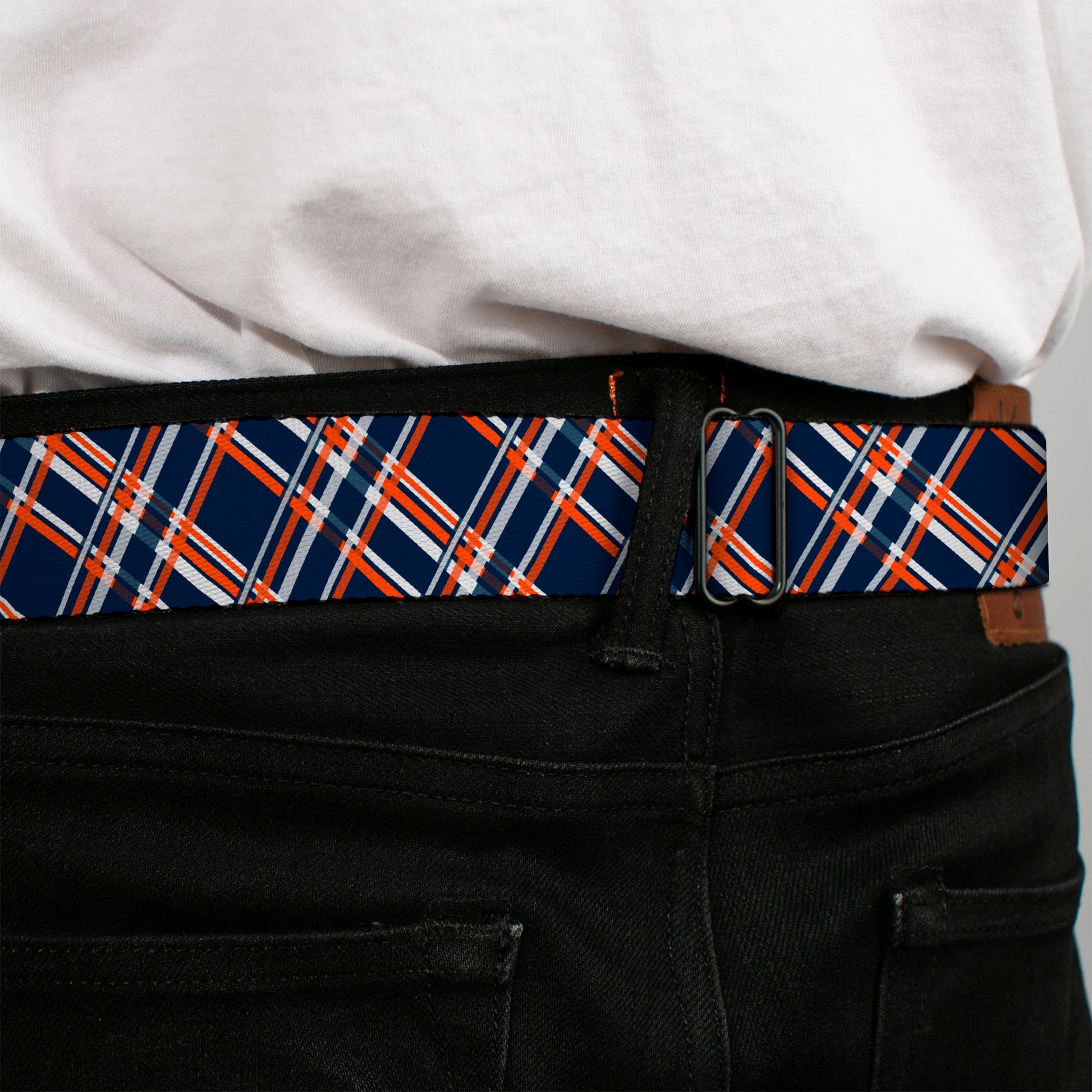 BD Wings Logo CLOSE-UP Full Color Black Silver Seatbelt Belt - Plaid X3 Navy/Orange/White Webbing Seatbelt Belts Buckle-Down