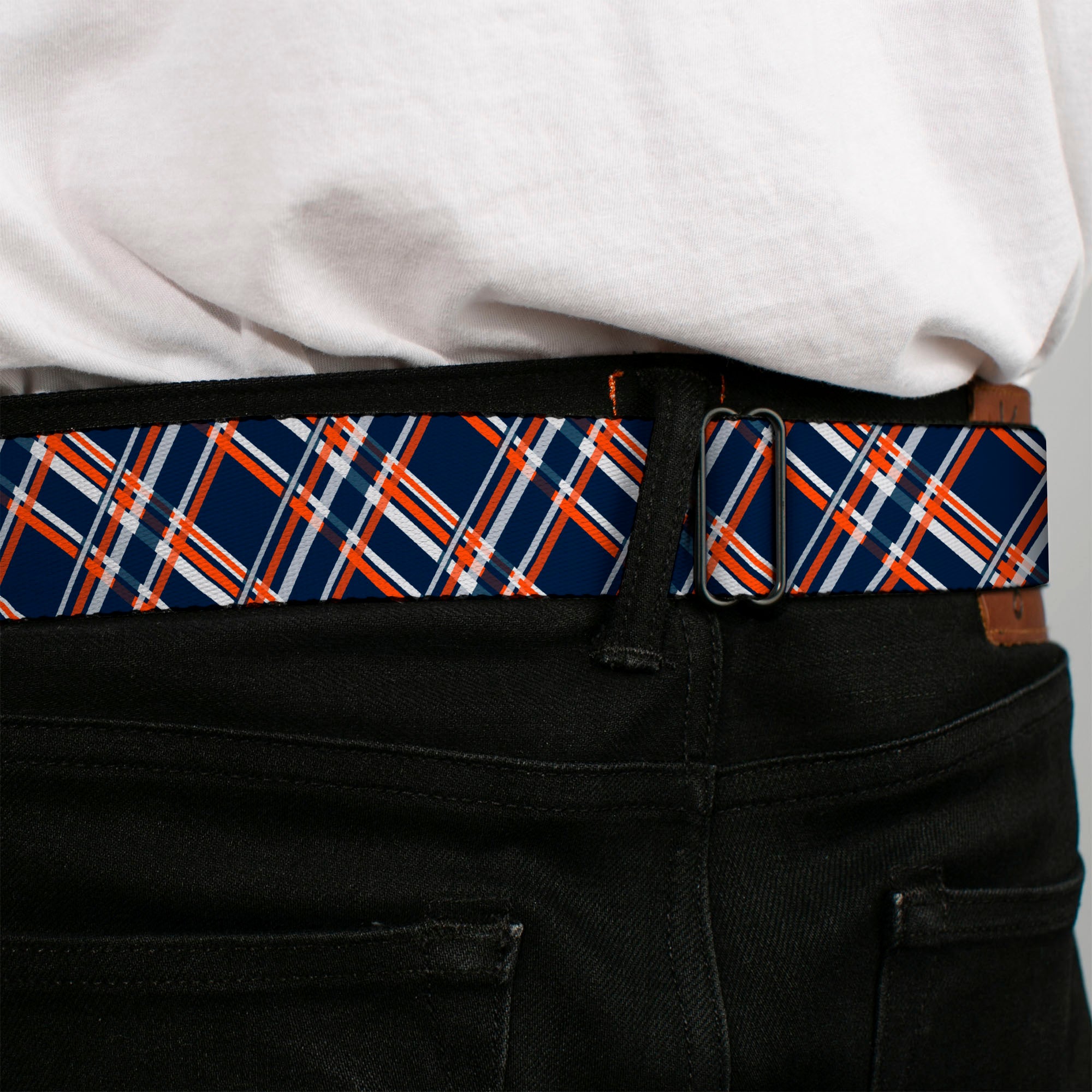 BD Wings Logo CLOSE-UP Full Color Black Silver Seatbelt Belt - Plaid X3 Navy/Orange/White Webbing Seatbelt Belts Buckle-Down