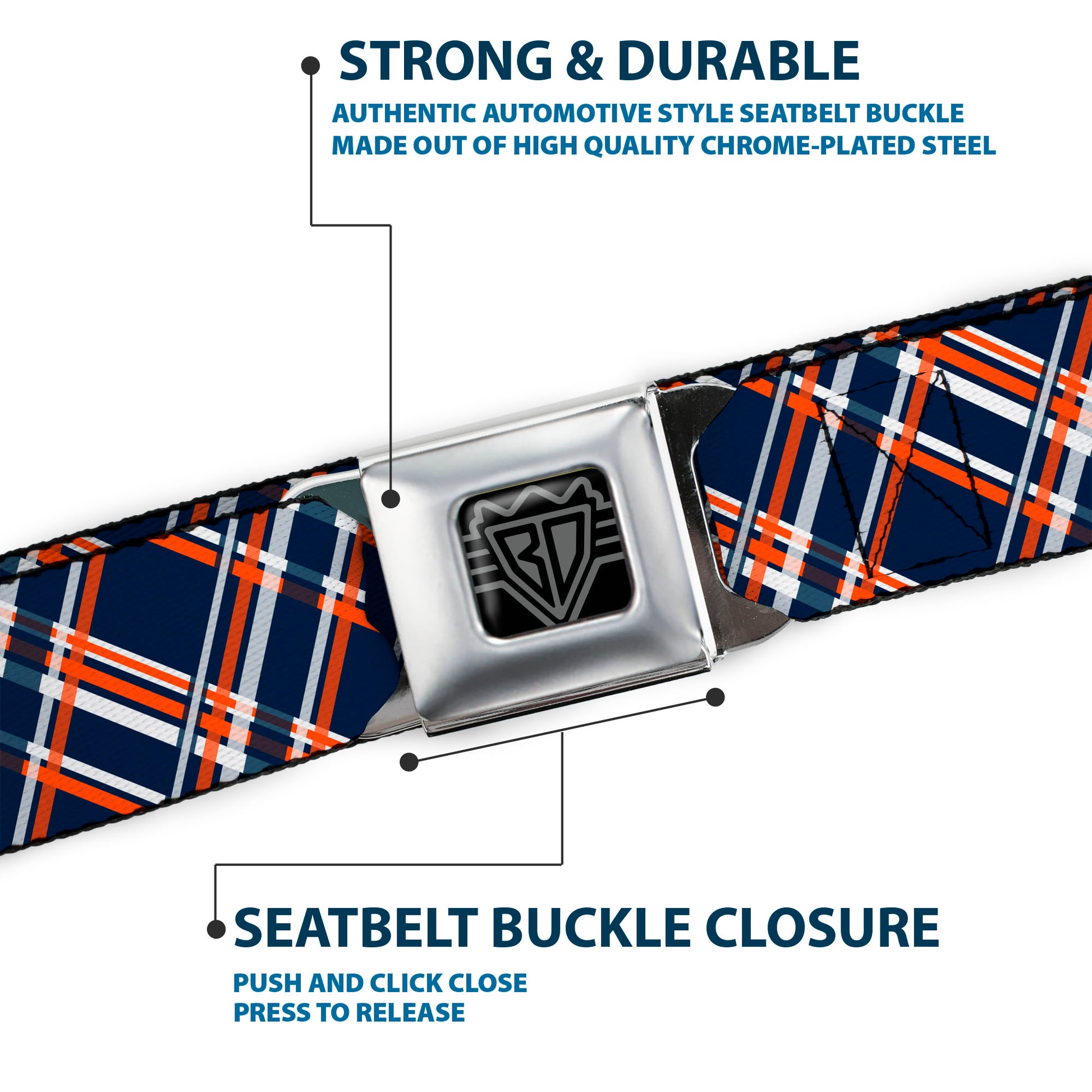 BD Wings Logo CLOSE-UP Full Color Black Silver Seatbelt Belt - Plaid X3 Navy/Orange/White Webbing Seatbelt Belts Buckle-Down