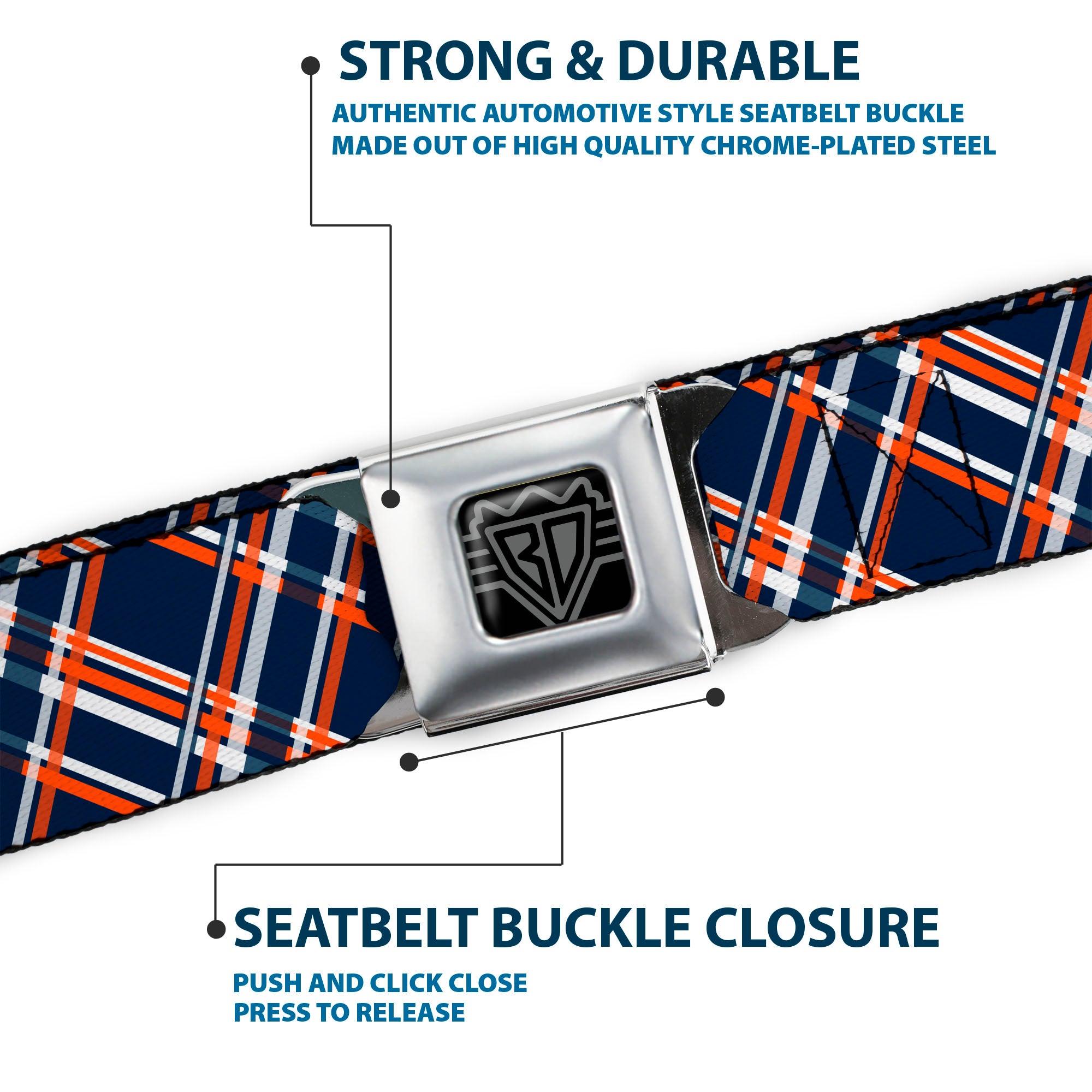 BD Wings Logo CLOSE-UP Full Color Black Silver Seatbelt Belt - Plaid X3 Navy/Orange/White Webbing Seatbelt Belts Buckle-Down