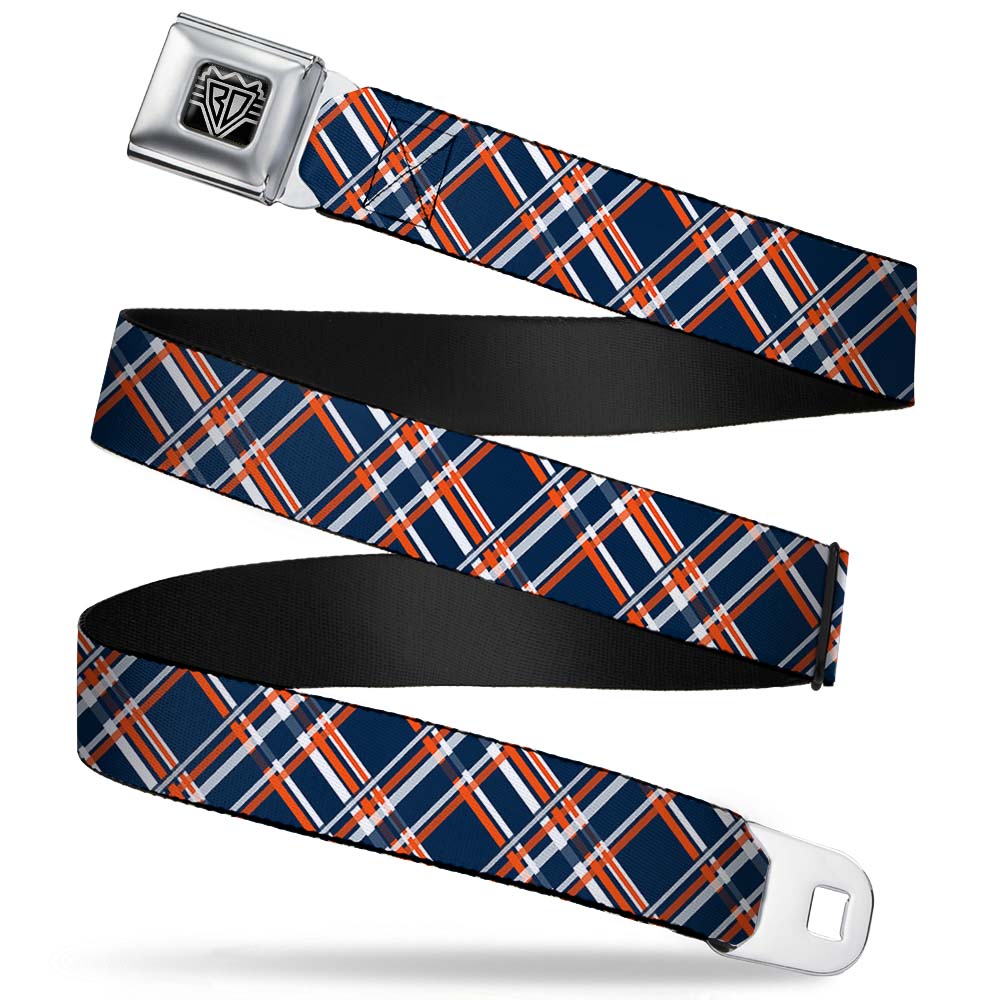 BD Wings Logo CLOSE-UP Full Color Black Silver Seatbelt Belt - Plaid X3 Navy/Orange/White Webbing Seatbelt Belts Buckle-Down