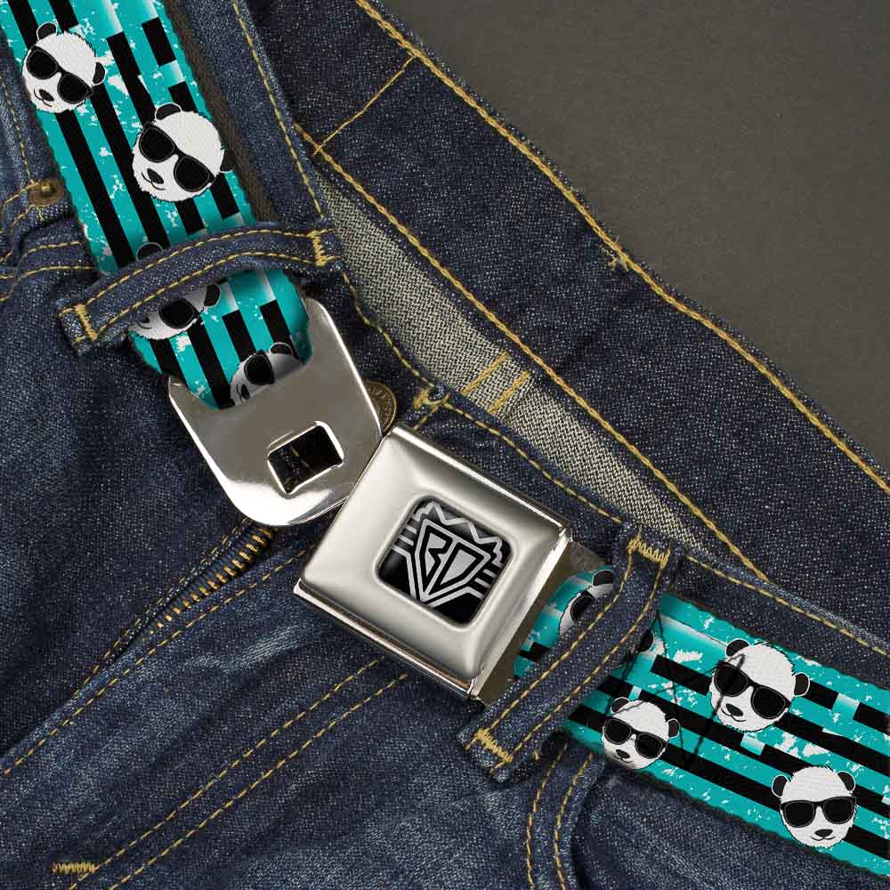 BD Wings Logo CLOSE-UP Full Color Black Silver Seatbelt Belt - Multi Panda w/Sunglasses Stripe Turquoise/Black Webbing Seatbelt Belts Buckle-Down