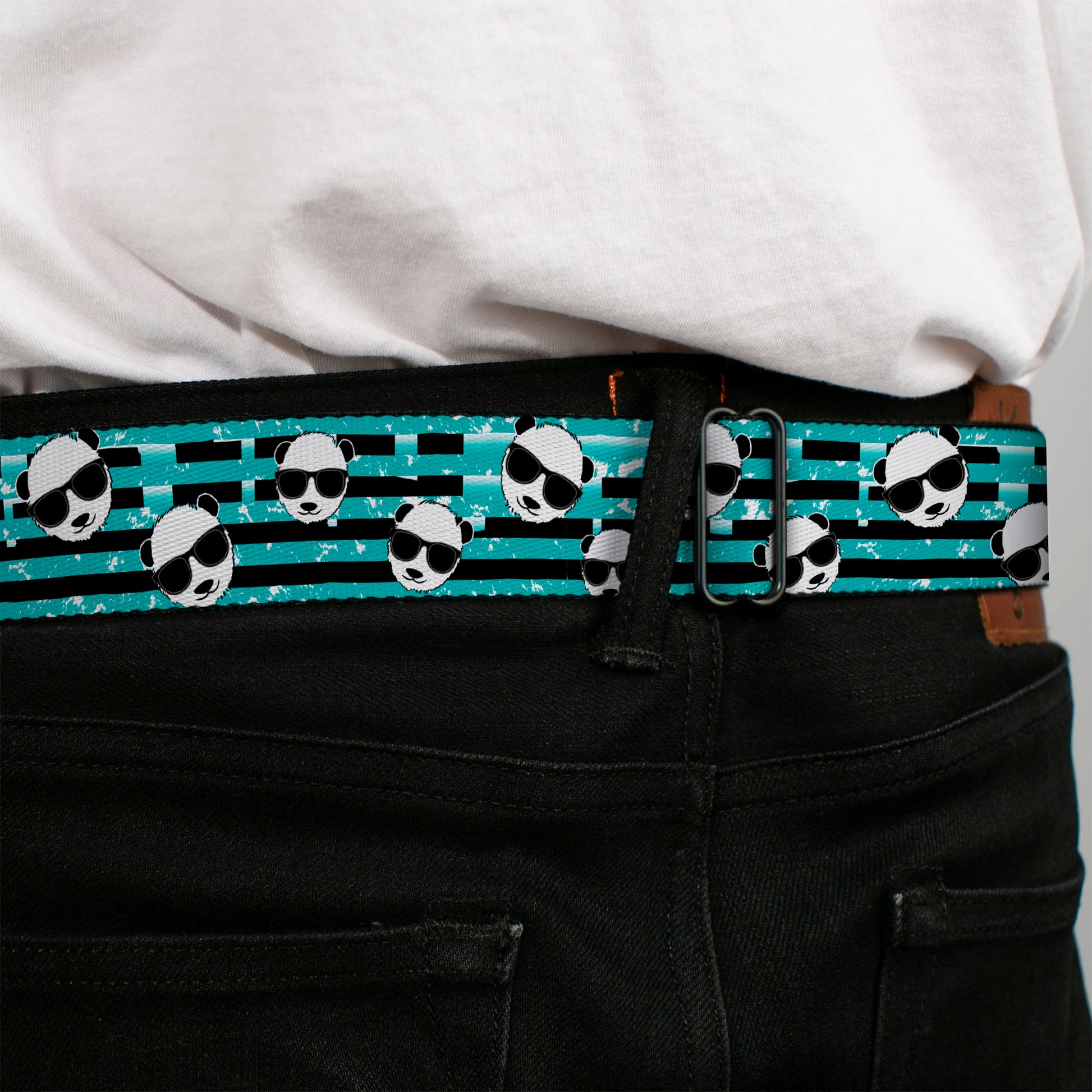 BD Wings Logo CLOSE-UP Full Color Black Silver Seatbelt Belt - Multi Panda w/Sunglasses Stripe Turquoise/Black Webbing Seatbelt Belts Buckle-Down