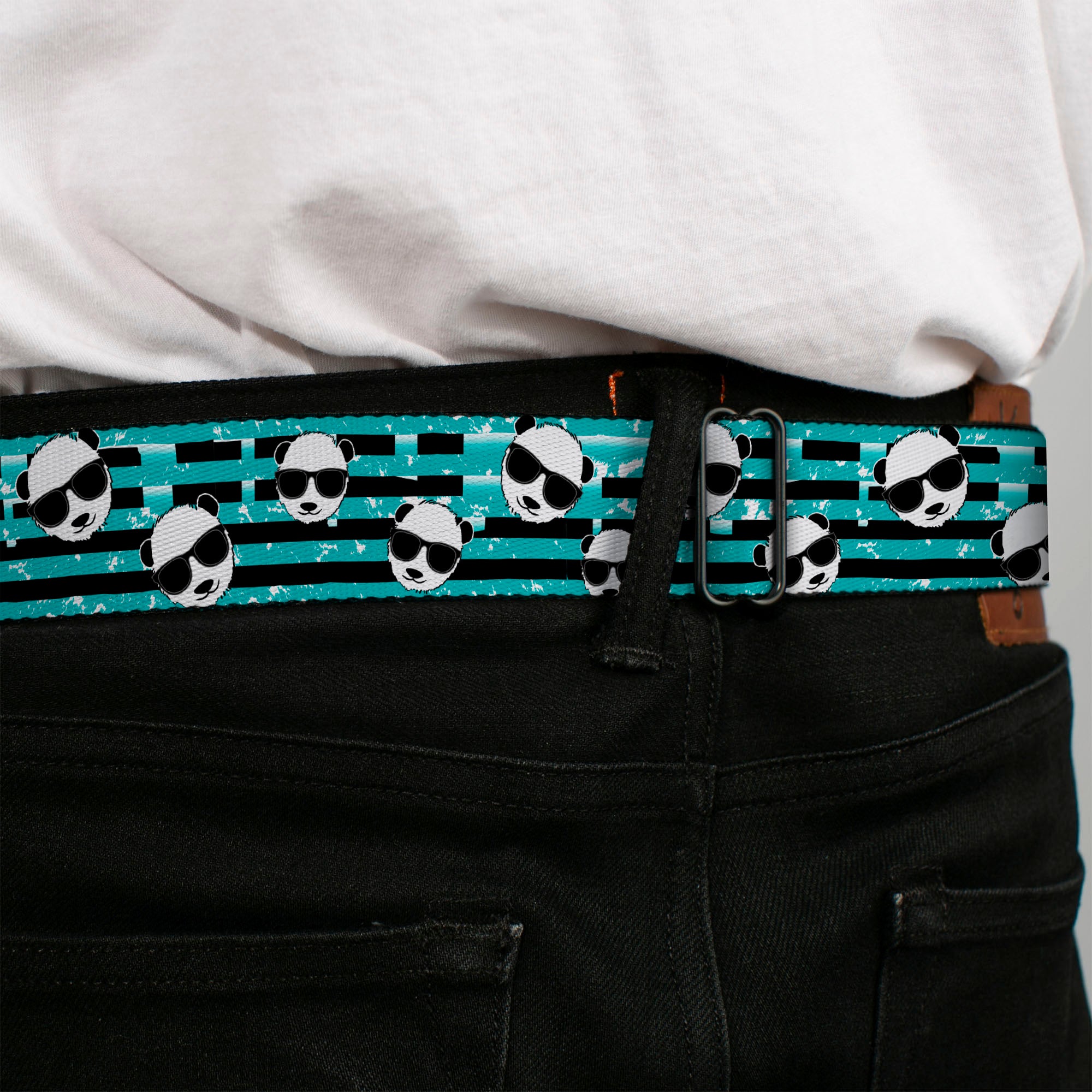 BD Wings Logo CLOSE-UP Full Color Black Silver Seatbelt Belt - Multi Panda w/Sunglasses Stripe Turquoise/Black Webbing Seatbelt Belts Buckle-Down
