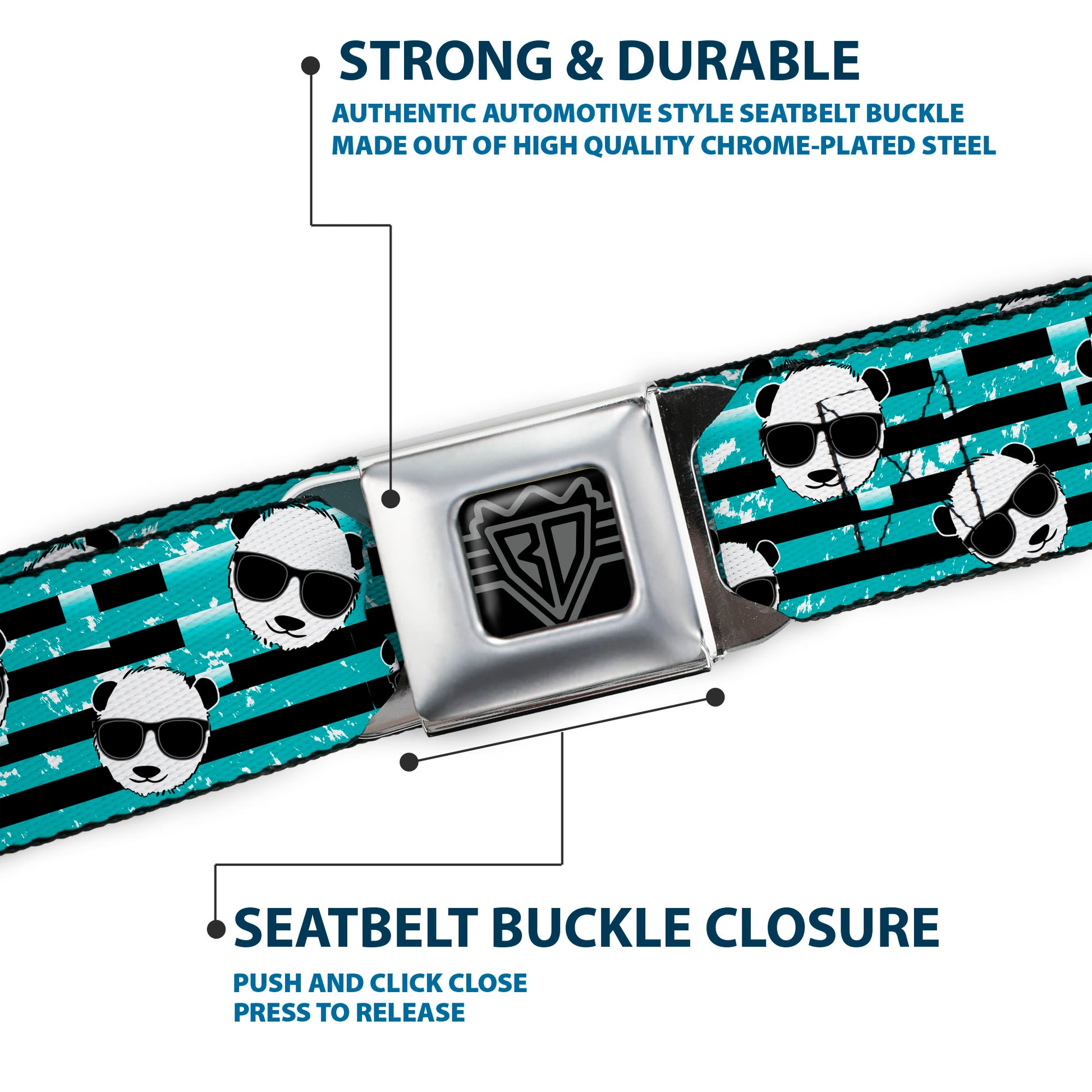 BD Wings Logo CLOSE-UP Full Color Black Silver Seatbelt Belt - Multi Panda w/Sunglasses Stripe Turquoise/Black Webbing Seatbelt Belts Buckle-Down