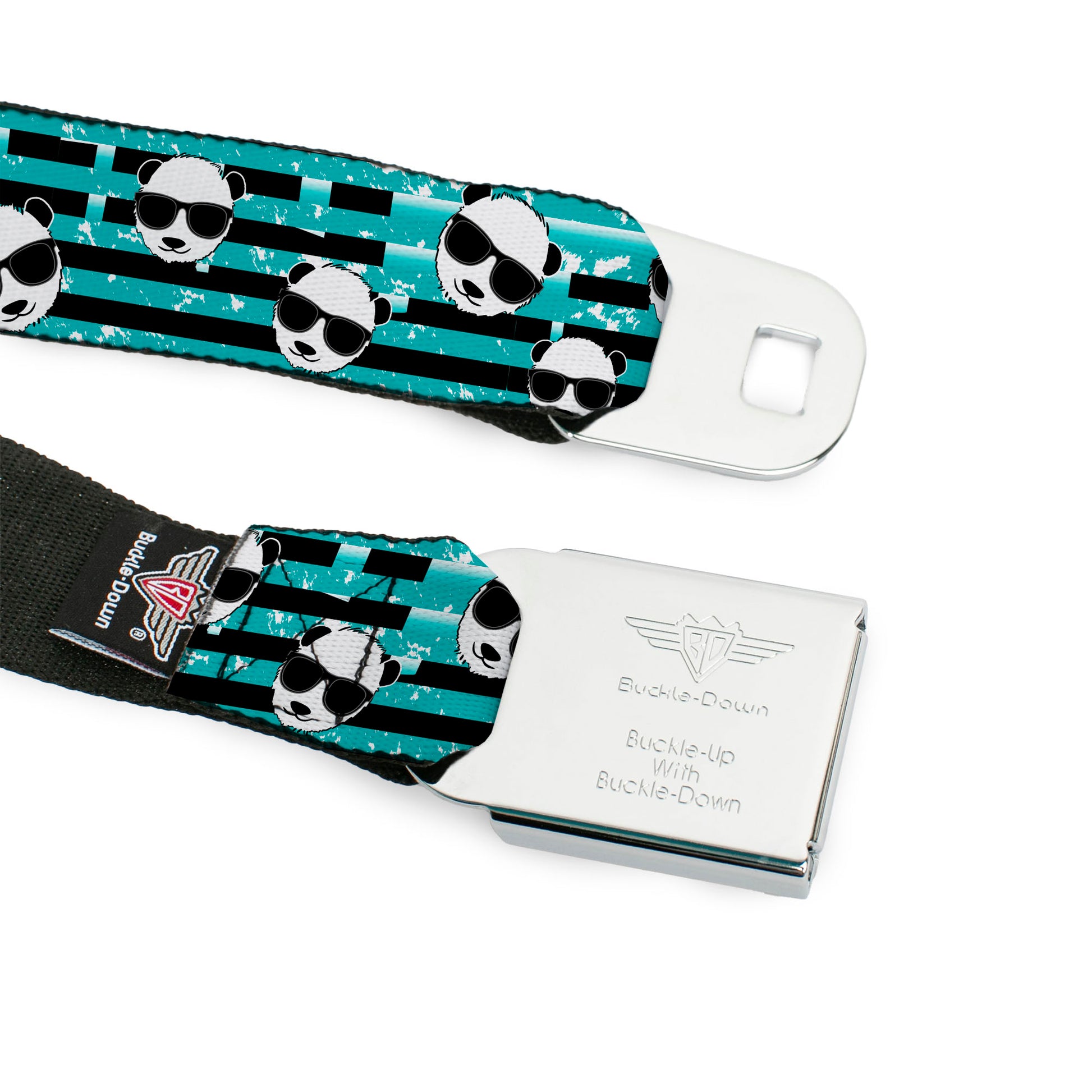 BD Wings Logo CLOSE-UP Full Color Black Silver Seatbelt Belt - Multi Panda w/Sunglasses Stripe Turquoise/Black Webbing Seatbelt Belts Buckle-Down