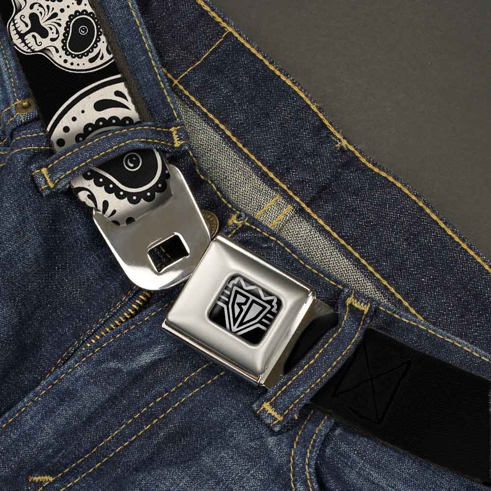 BD Wings Logo CLOSE-UP Full Color Black Silver Seatbelt Belt - Panda Bear Sugar Skull CLOSE-UP Scattered Black/Cream Webbing Seatbelt Belts Buckle-Down