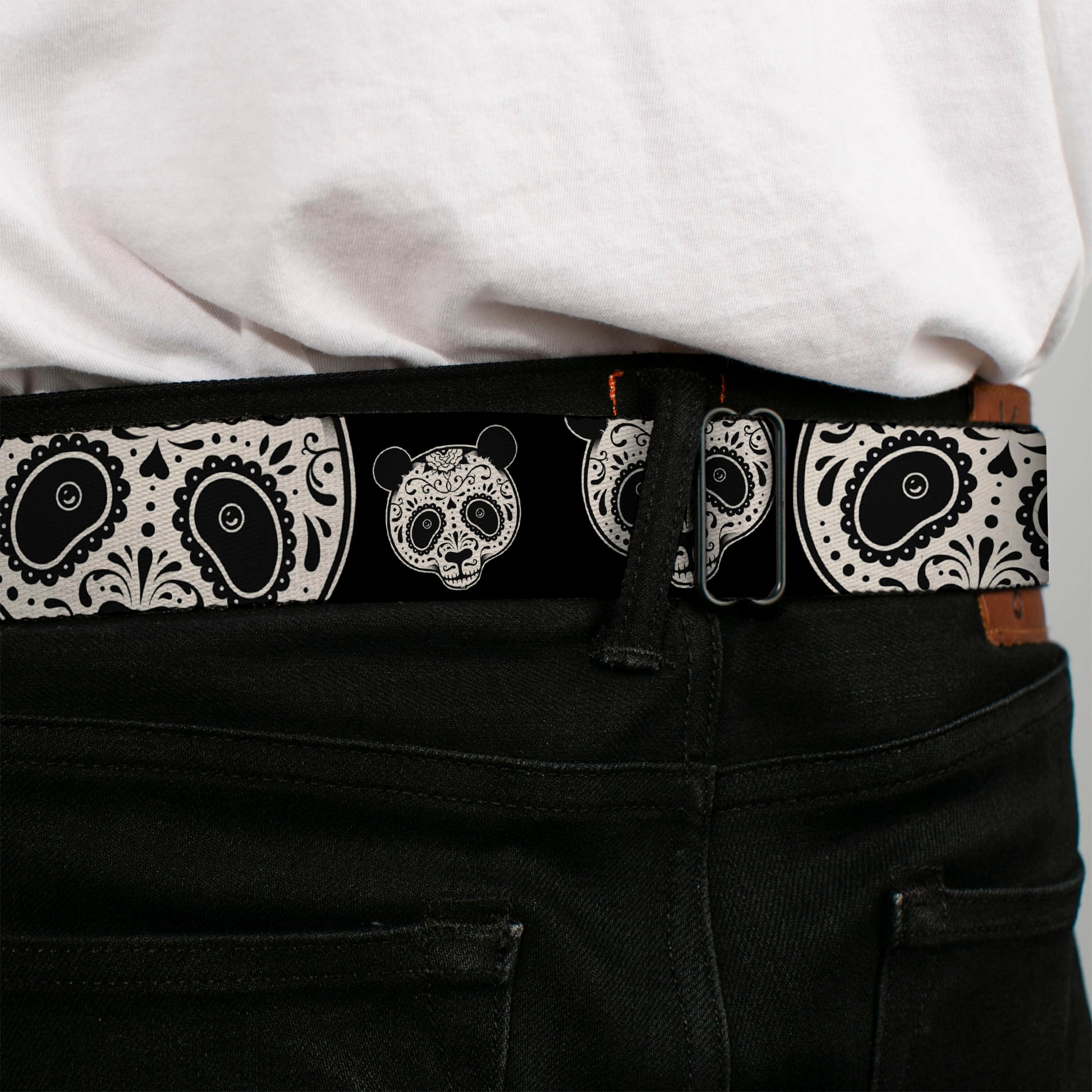 BD Wings Logo CLOSE-UP Full Color Black Silver Seatbelt Belt - Panda Bear Sugar Skull CLOSE-UP Scattered Black/Cream Webbing Seatbelt Belts Buckle-Down