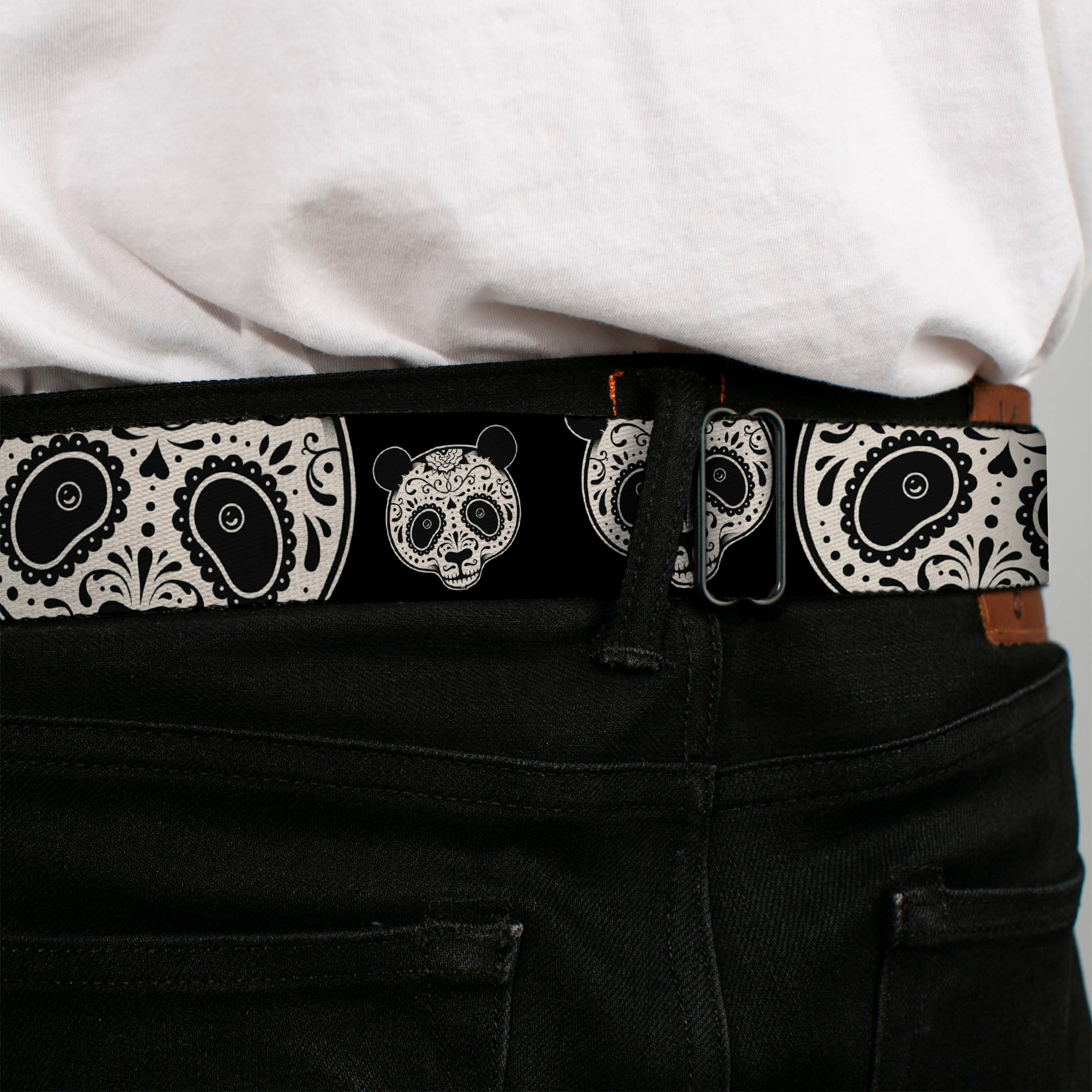 BD Wings Logo CLOSE-UP Full Color Black Silver Seatbelt Belt - Panda Bear Sugar Skull CLOSE-UP Scattered Black/Cream Webbing Seatbelt Belts Buckle-Down