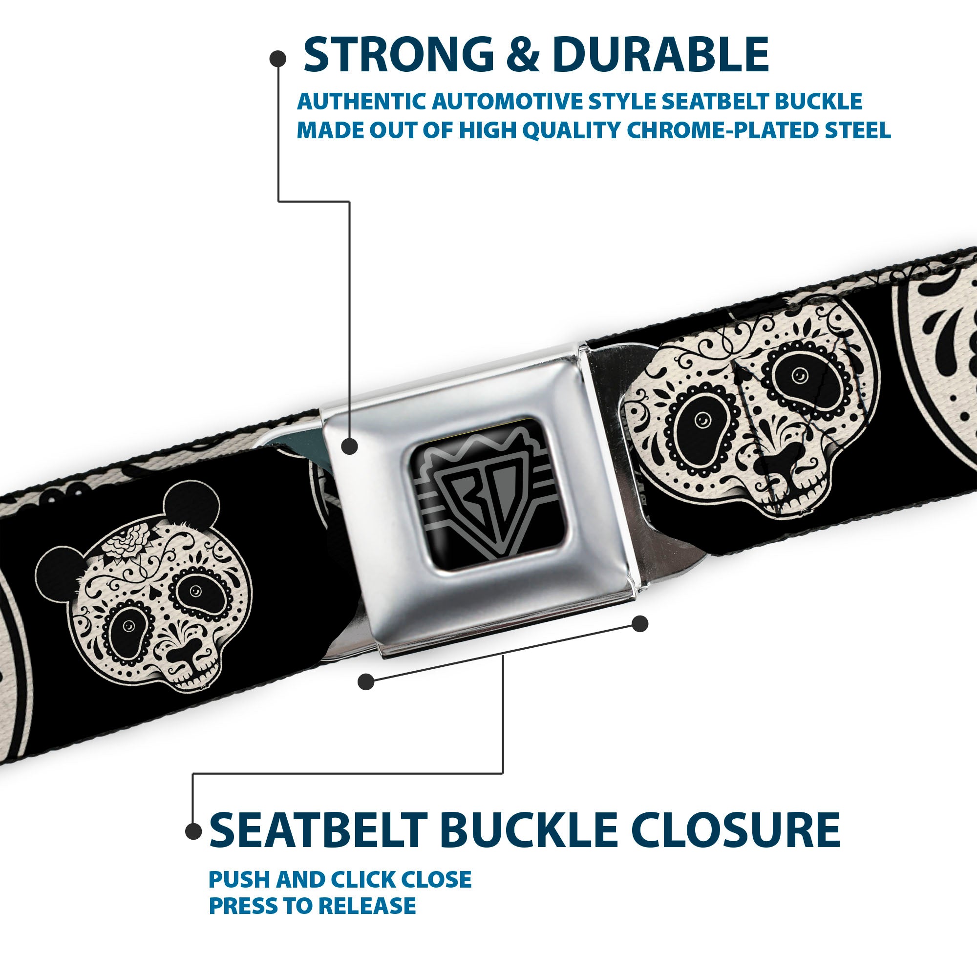BD Wings Logo CLOSE-UP Full Color Black Silver Seatbelt Belt - Panda Bear Sugar Skull CLOSE-UP Scattered Black/Cream Webbing Seatbelt Belts Buckle-Down