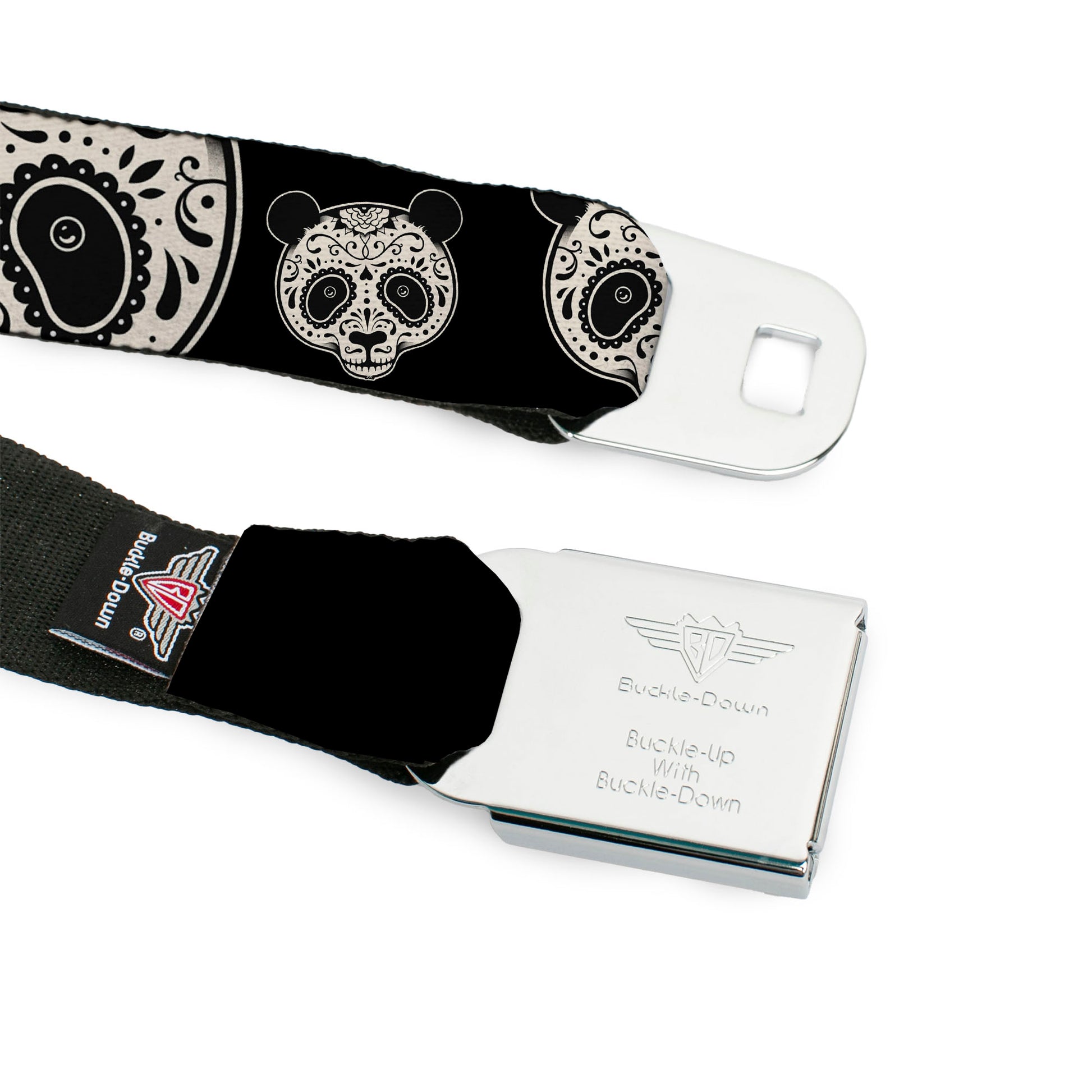 BD Wings Logo CLOSE-UP Full Color Black Silver Seatbelt Belt - Panda Bear Sugar Skull CLOSE-UP Scattered Black/Cream Webbing Seatbelt Belts Buckle-Down