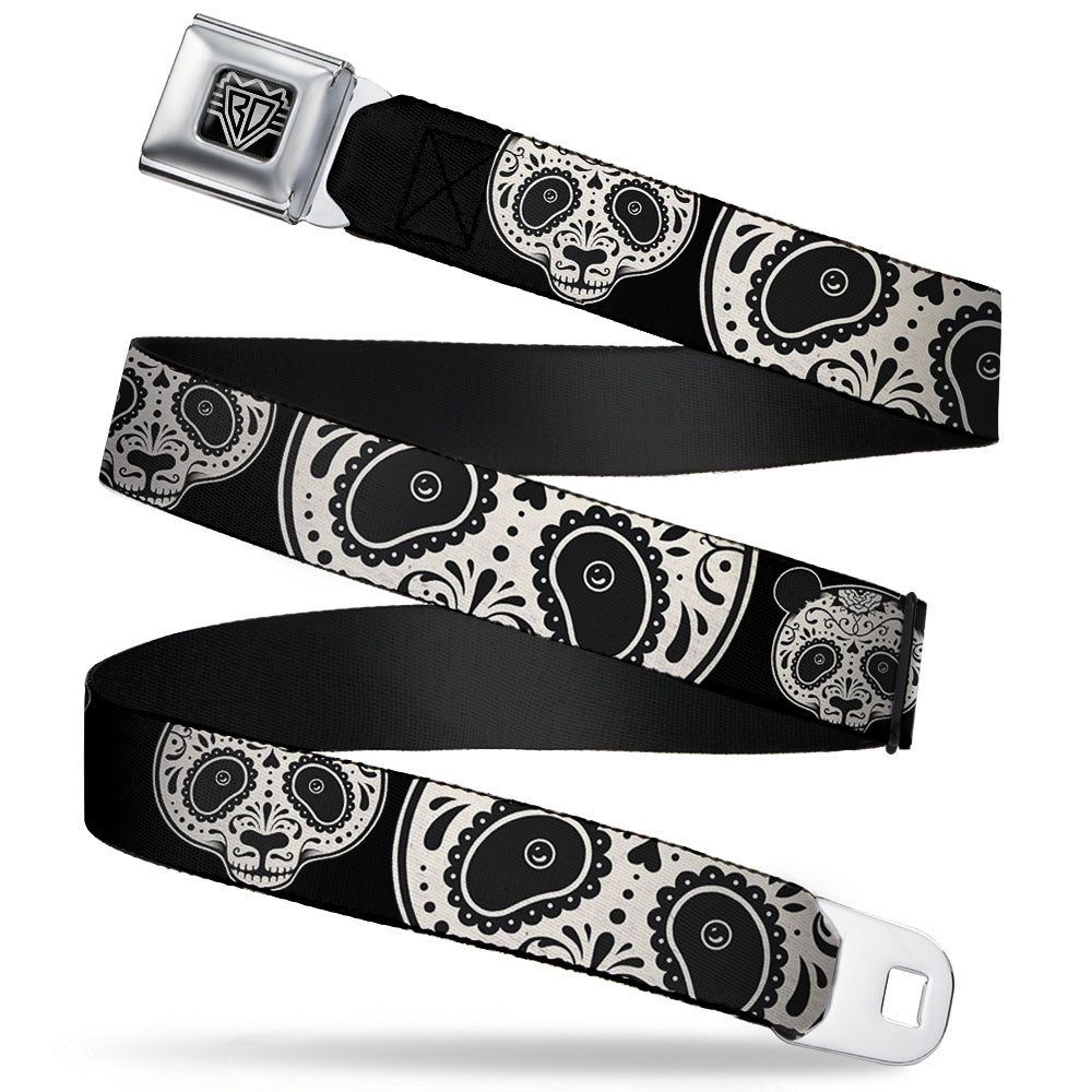 BD Wings Logo CLOSE-UP Full Color Black Silver Seatbelt Belt - Panda Bear Sugar Skull CLOSE-UP Scattered Black/Cream Webbing Seatbelt Belts Buckle-Down