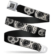 BD Wings Logo CLOSE-UP Full Color Black Silver Seatbelt Belt - Panda Bear Sugar Skull CLOSE-UP Scattered Black/Cream Webbing Seatbelt Belts Buckle-Down