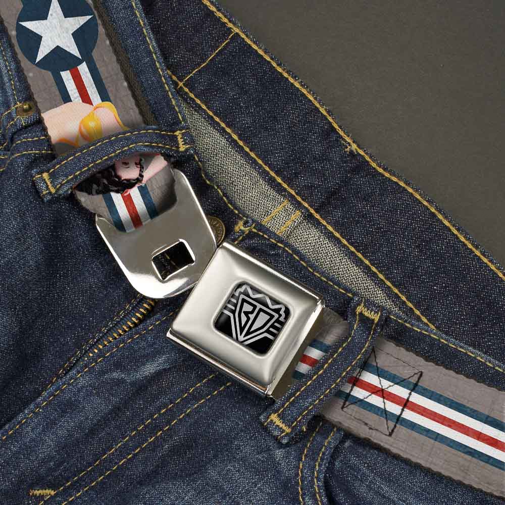 BD Wings Logo CLOSE-UP Full Color Black Silver Seatbelt Belt - Pin Up Girl Poses Star & Stripes Gray/Blue/White/Red Webbing Seatbelt Belts Buckle-Down