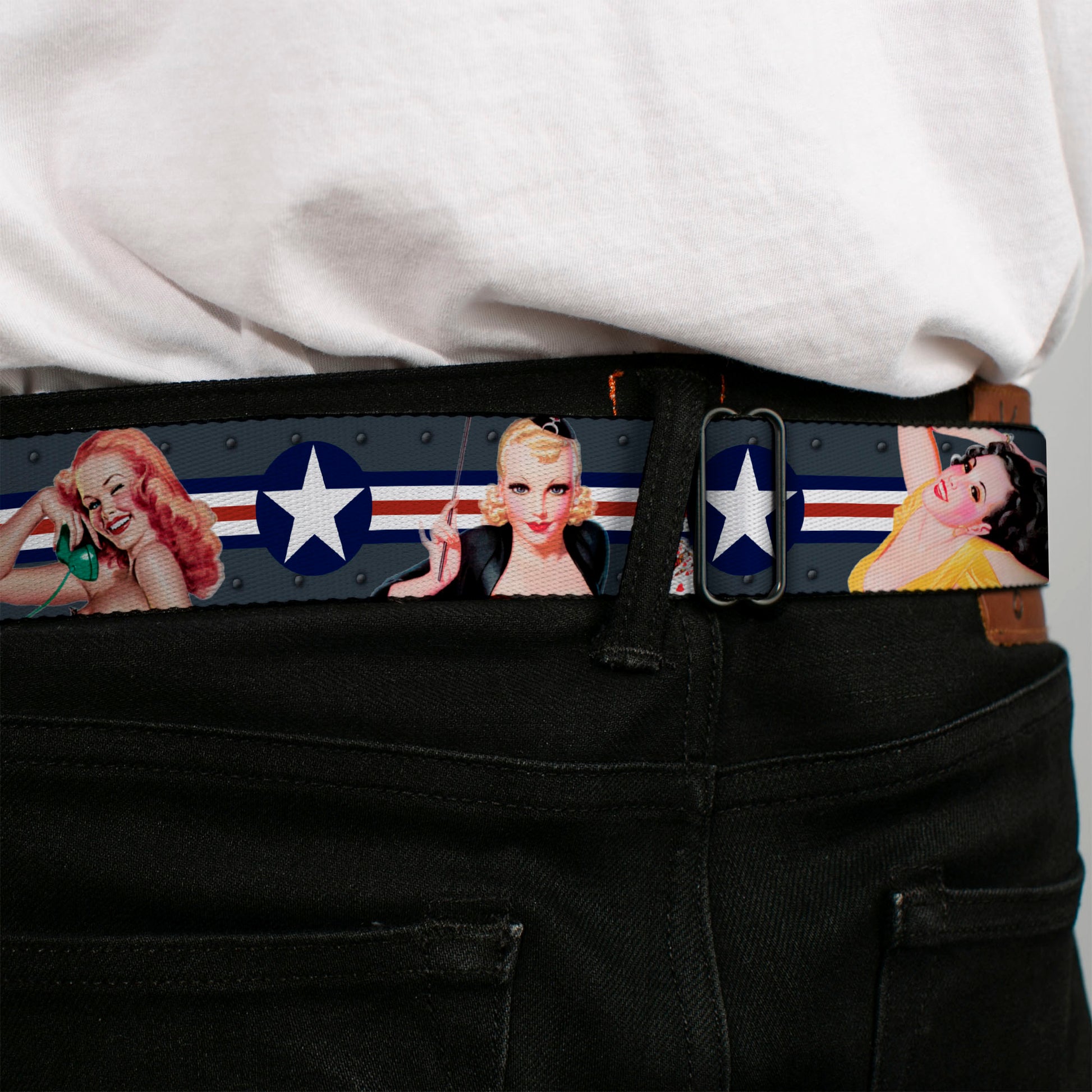 BD Wings Logo CLOSE-UP Full Color Black Silver Seatbelt Belt - Pin Up Girl Poses Star & Stripes Gray/Blue/White/Red Webbing Seatbelt Belts Buckle-Down