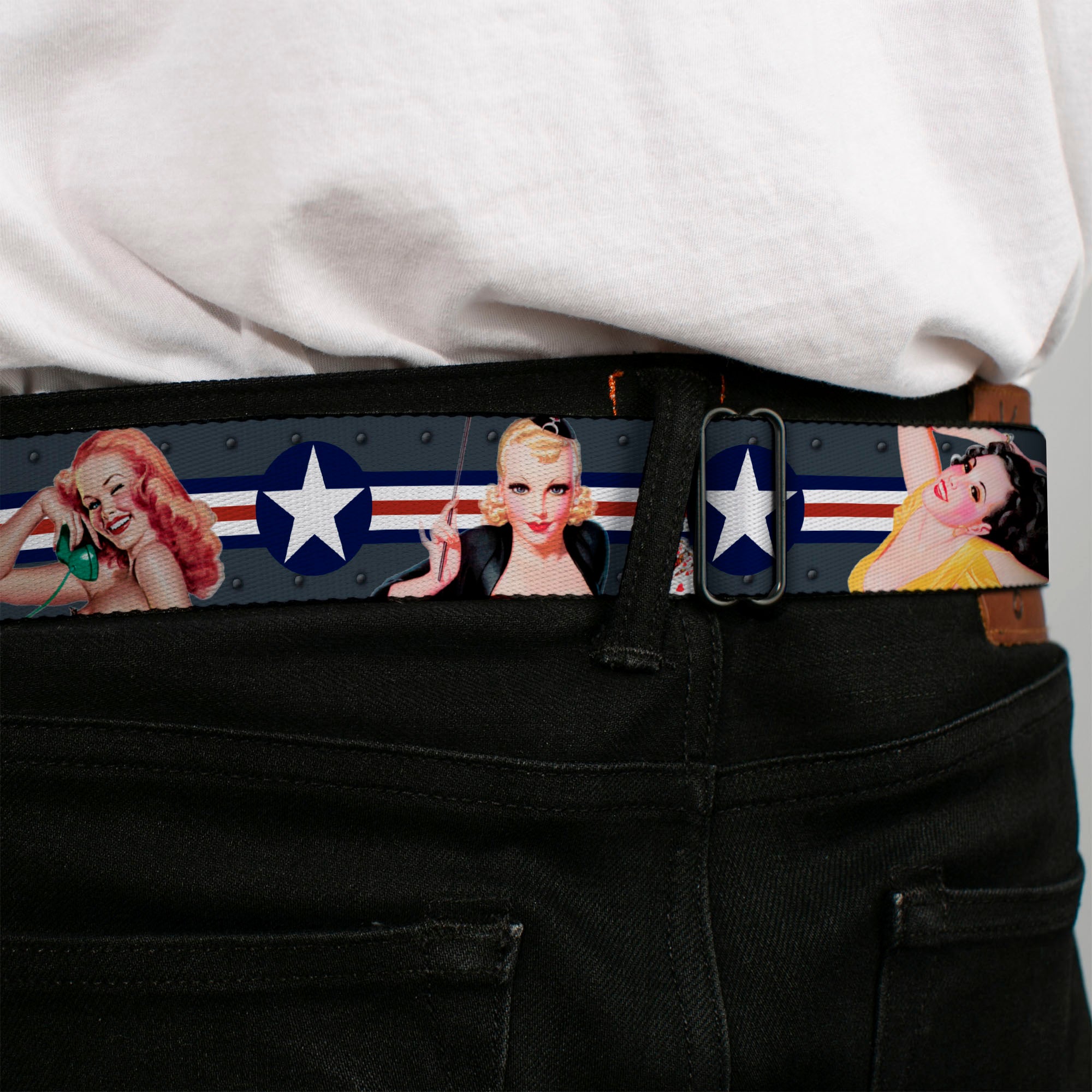 BD Wings Logo CLOSE-UP Full Color Black Silver Seatbelt Belt - Pin Up Girl Poses Star & Stripes Gray/Blue/White/Red Webbing Seatbelt Belts Buckle-Down