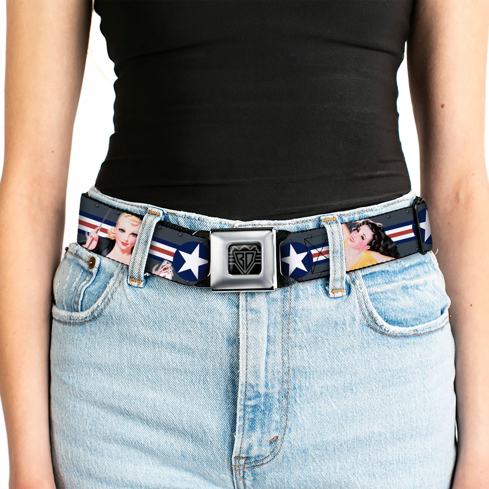 BD Wings Logo CLOSE-UP Full Color Black Silver Seatbelt Belt - Pin Up Girl Poses Star & Stripes Gray/Blue/White/Red Webbing Seatbelt Belts Buckle-Down