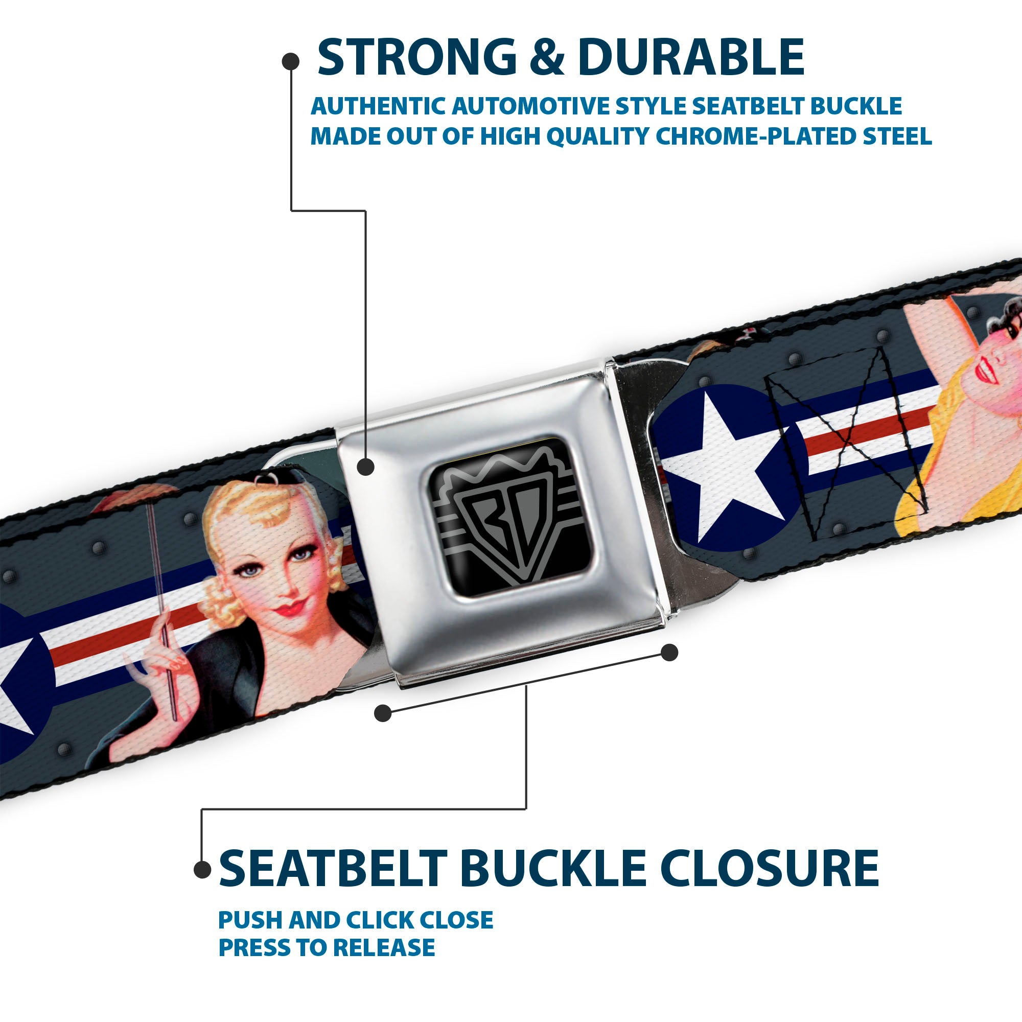 BD Wings Logo CLOSE-UP Full Color Black Silver Seatbelt Belt - Pin Up Girl Poses Star & Stripes Gray/Blue/White/Red Webbing Seatbelt Belts Buckle-Down
