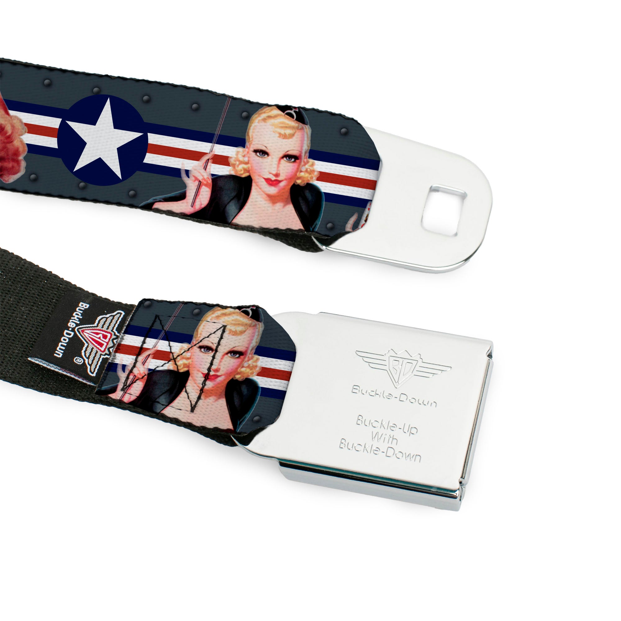 BD Wings Logo CLOSE-UP Full Color Black Silver Seatbelt Belt - Pin Up Girl Poses Star & Stripes Gray/Blue/White/Red Webbing Seatbelt Belts Buckle-Down